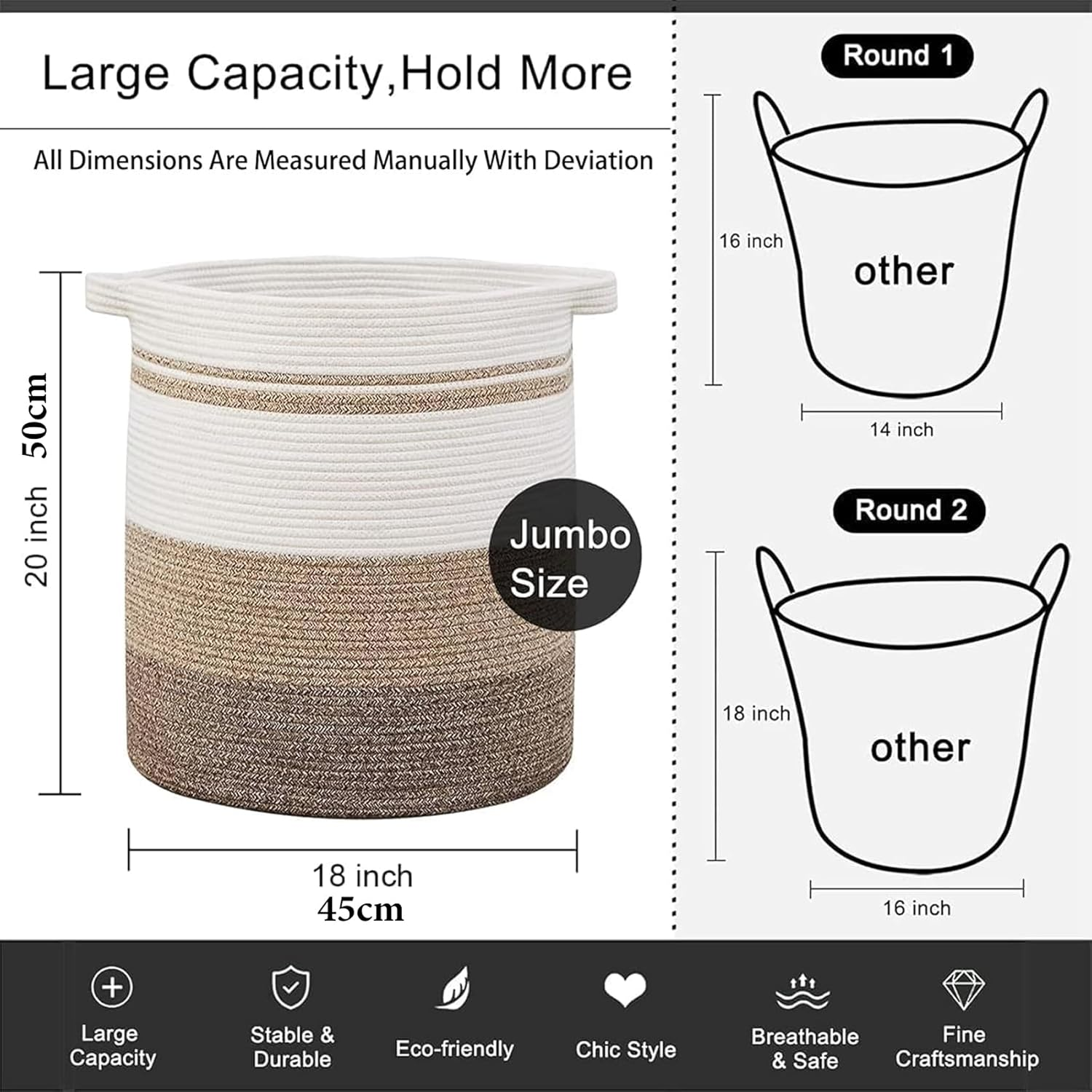Woven Cotton Rope Laundry Storage Basket with Handles, round Hamper for Pillow, Clothes, Blanket,Toys, 45 * 45 * 50Cm White Yellow
