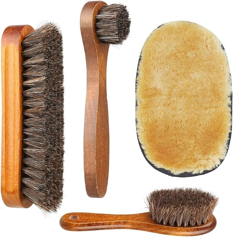 Shoe Brush Set - Horsehair for Shine Polish Buff 3 Pcs Dauber Applicator Brushes + 1 Pc Shoes Cloth Glove Brown 20.5 X 16X 6 Cm image number 1