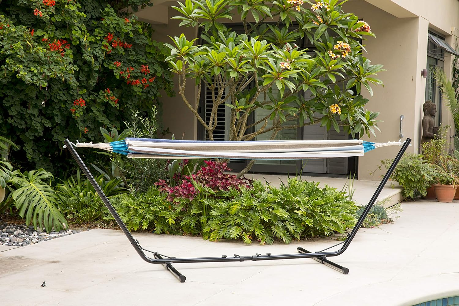 Two Trees Double Hammock Kit - Black Metal Hammock Stand and Blended Cotton Double Hammock and Pillow - 200Kg Weight Capacity - 220Cm X 160Cm - Striped Charcoal Grey image number 3