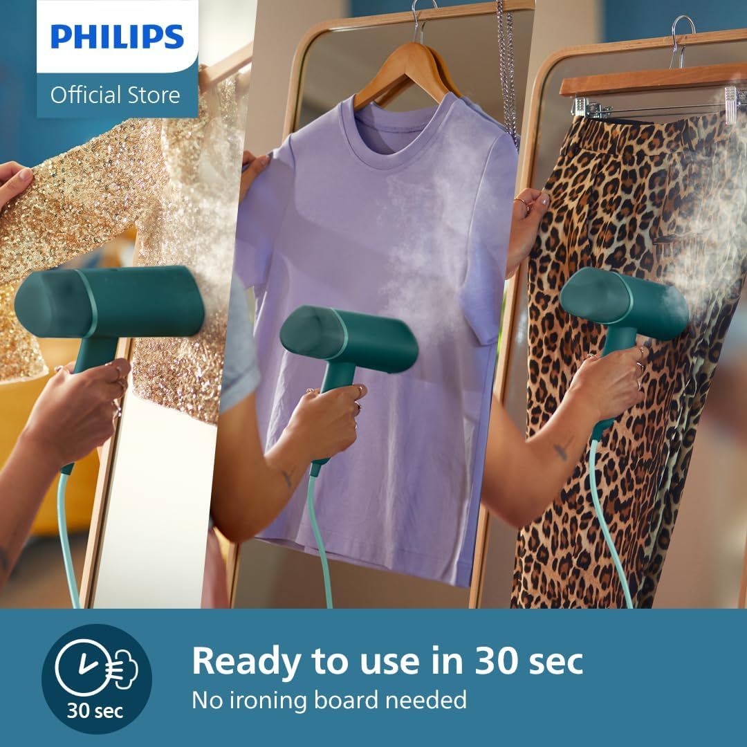 Philips 3000 Series Handheld Steamer - 1000W, 20G/Min Steam, Detachable 120Ml Water Tank, Heated Metal Soleplate, Storage Pouch, 660G Light Weight, Compact and Foldable, Dark Green (STH3020/70) image number 3