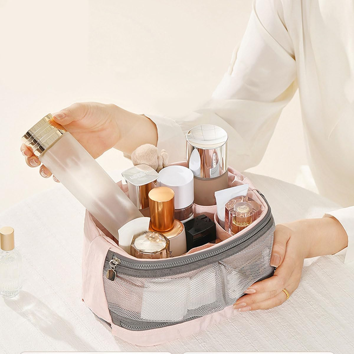 DDPOND Large-Mouth Cosmetic Bag,Portable Toiletry Pouch,Large Capacity Travel Makeup for Purse (Grey) image number 4