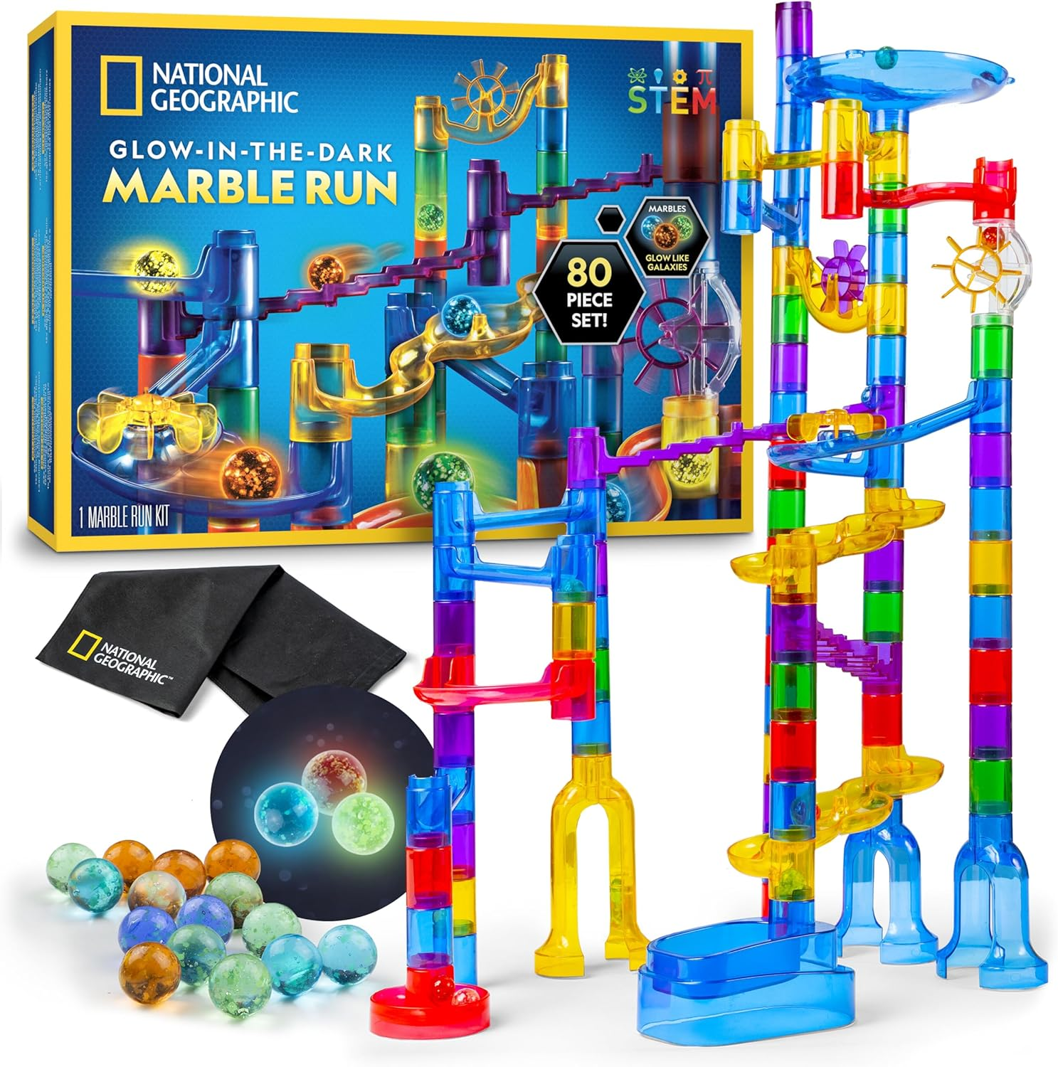 National Geographic Glowing Marble Run &ndash; 80-Piece Construction Set with 15 Glow-In-The Dark Glass Marbles, Creative STEM Toys, Building Project Toy image number 5