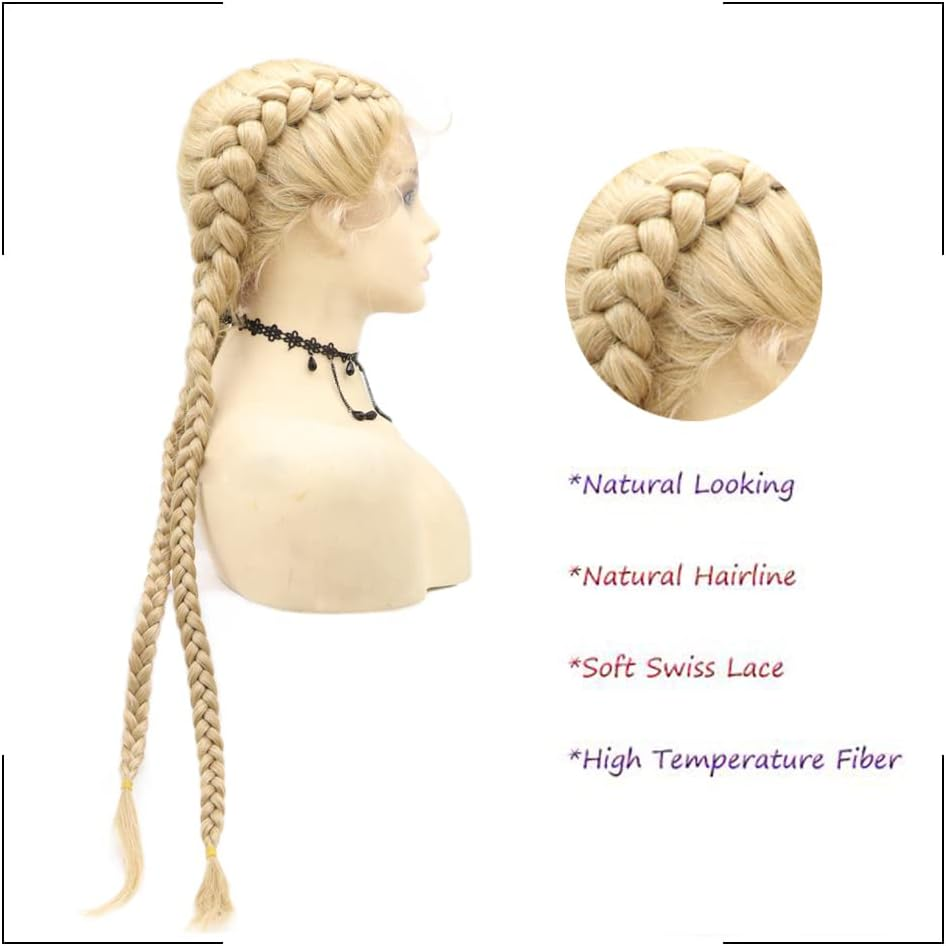Afbeauty Extra Long Mixed Blonde Dutch Twins Braided Wig for Women Handmade Blonde 613 Lightweight Swiss Lace Front Wig with Baby Hair Heat Resistant Synthetic Double Braids Wig - Auburn Brown image number 2