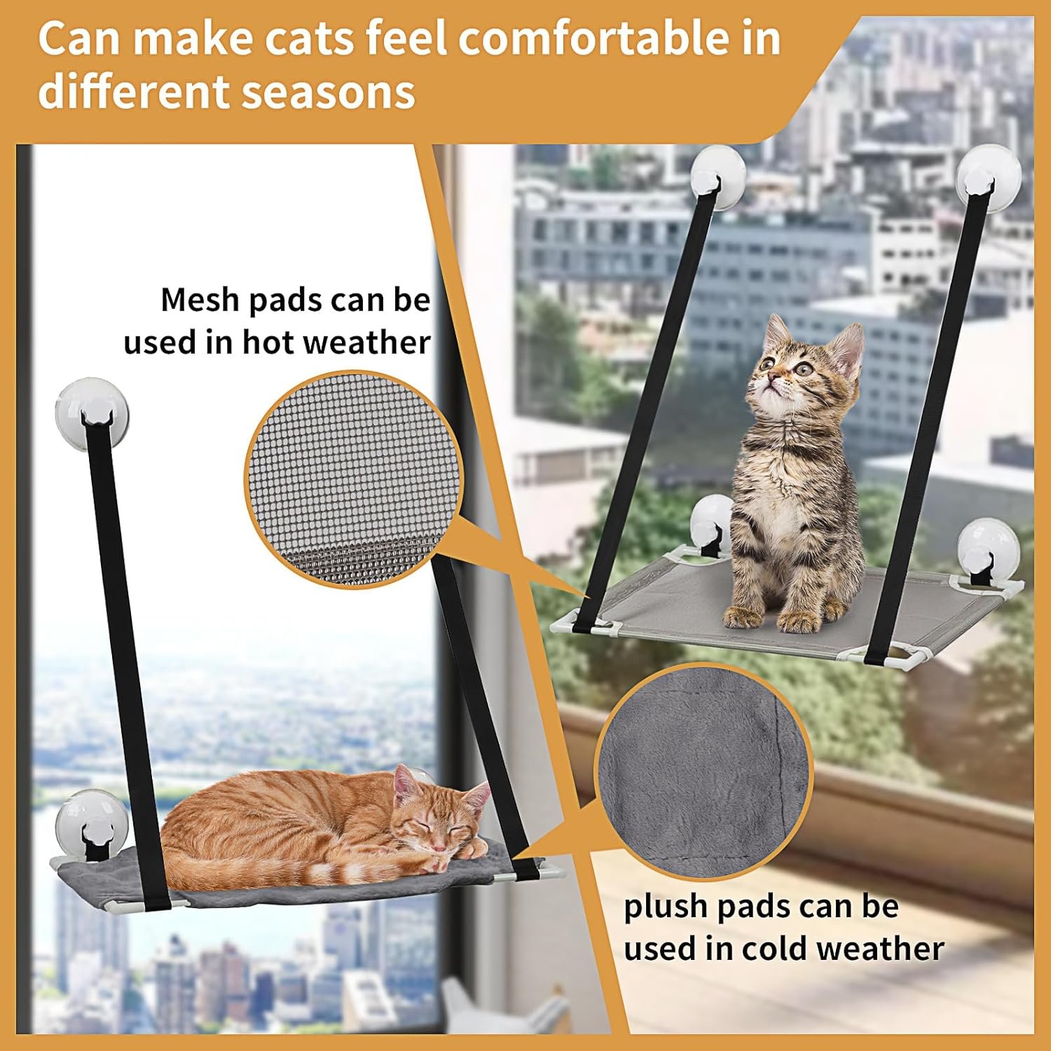 Cat Hammocks Window, Window Mounted Cat Basking Hammock, Sunny Seat Window Cat Perches with 4 Upgrade Strong Suction Cups Holds up to 22Lbs, Cat Window Sill Bed for Glass to Space Saving image number 4