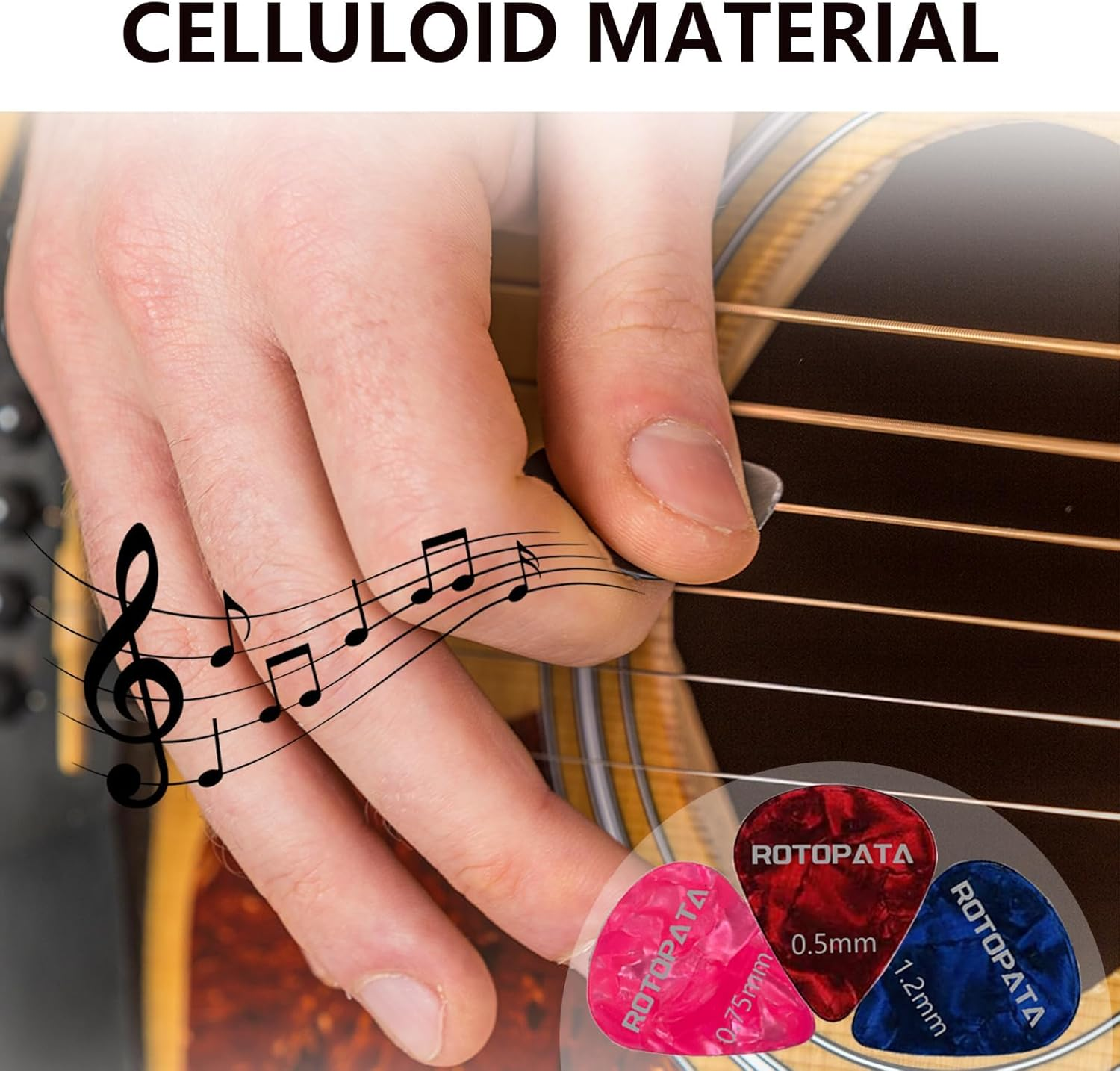 Guitar Picks Plectrums with Picks Holder and Storage Box 0.58 0.84 1.2 Mm Includes Thin Medium Heavy Thickness, Variety Colorful Celluloid Plectrums for Bass Electric Acoustic Guitars Ukulele (12) image number 2