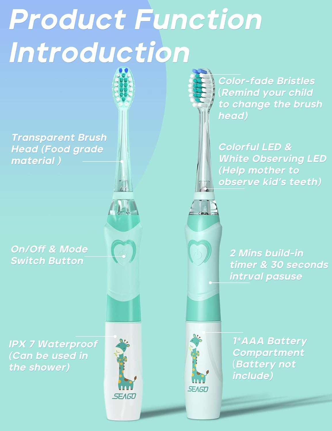 Kids Electric Toothbrush Sonic Toothbrush, Soft Battery Powered Tooth Brush with Smart Timer,Waterproof Replaceable Deep Clean for Kids(Age of 3+)，Travel Toothbrush by SEAGO Sg977(Green)