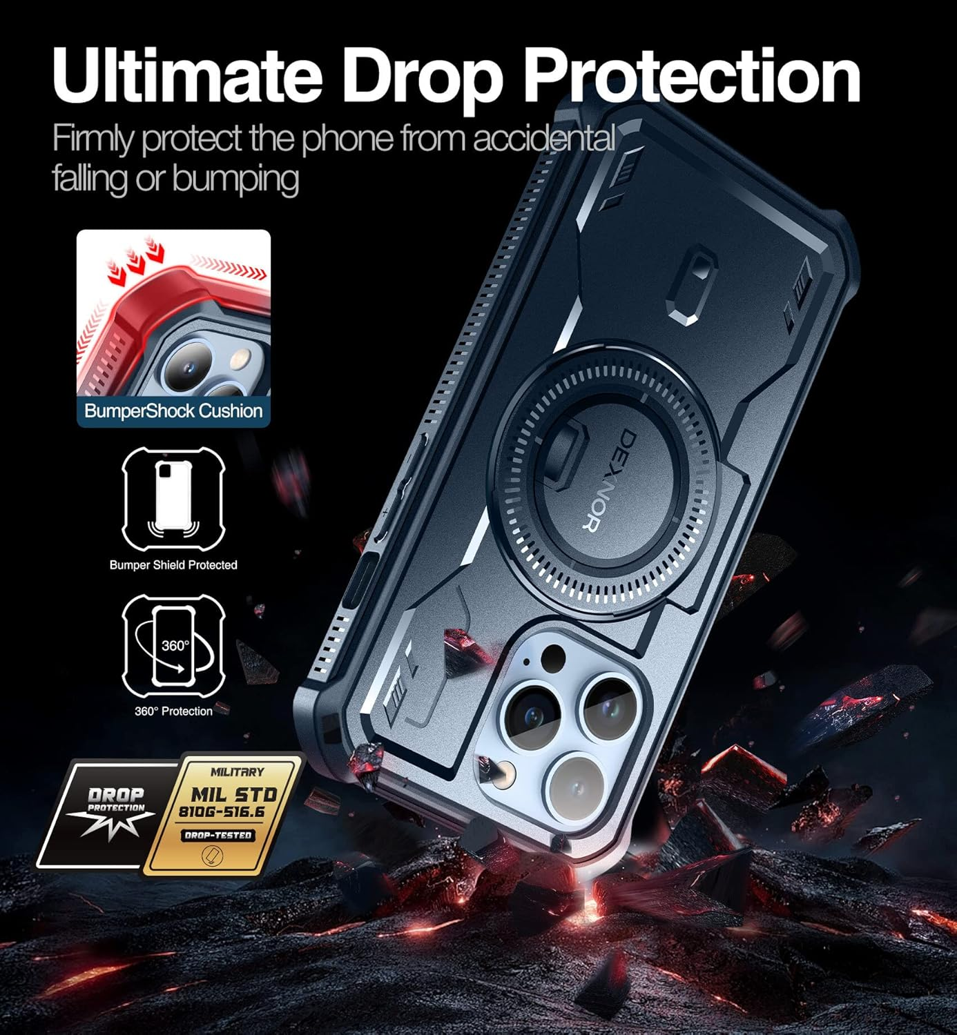 DEXNOR for Iphone 13 Pro Case Compatible for Magsafe[Built in Screen Protector and Kickstand]，Heavy Duty Military Grade Protection Shockproof Protective Cover for Iphone 13 Pro - Navy Blue - Black image number 4