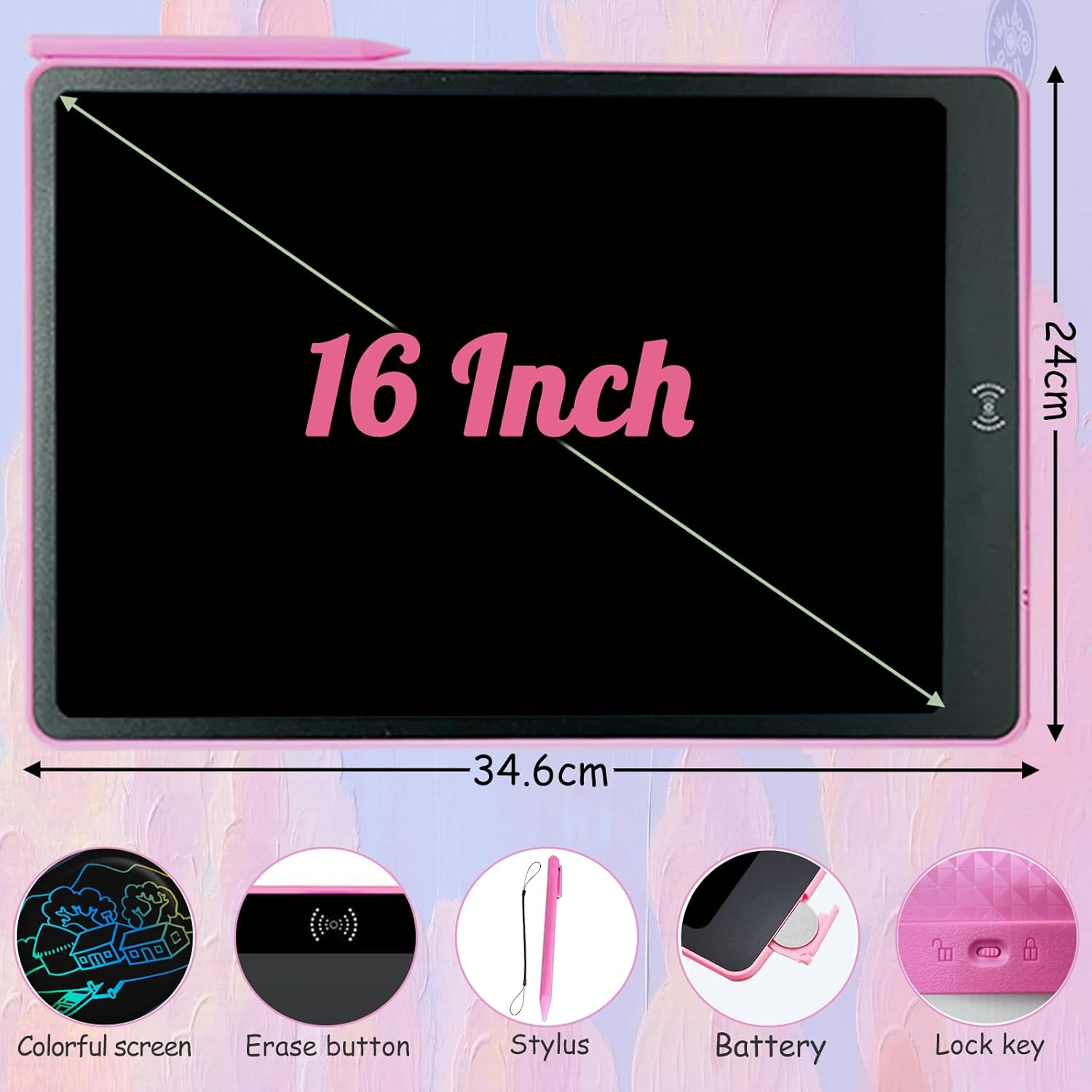 16Inch LCD Writing Tablet for Kids Toys, Colorful Doodle Board for 3 4 5 6 7 8 Year Old Girls Boys, Toddler Gifts Drawing Pad for Birthday Travel Essentials, Pink image number 4