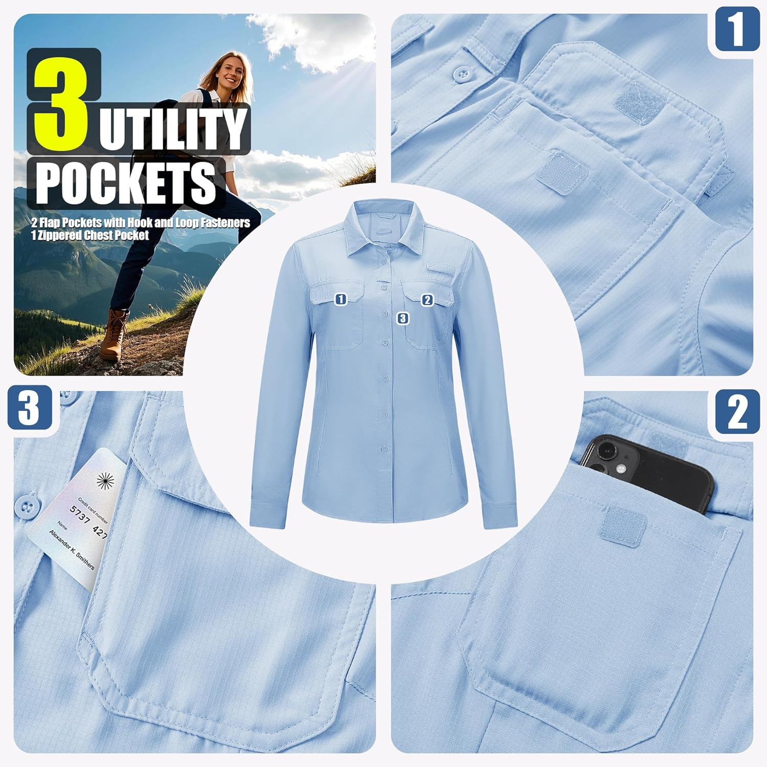 33,000Ft Women'S Long Sleeve Shirts Safari Shirts UPF50 Sun Protection Button down Shirt Moisture Wicking Quick Dry Top Ladies Casual Outdoor Shirt for Walking Fishing Hiking Travel image number 2