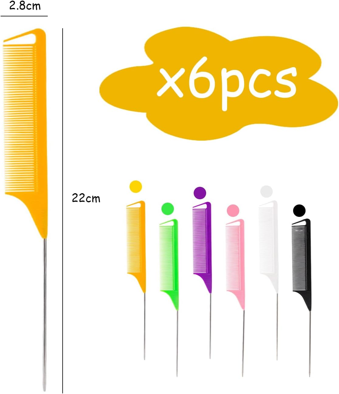 6 Piece Piece Comb Hair Comb Carbon Fiber Metal Fine Tooth Comb Pointed Tail Comb Professional Grooming Kit for Highlighting, Trimming, Styling, Parting (Multiple Colors) image number 3