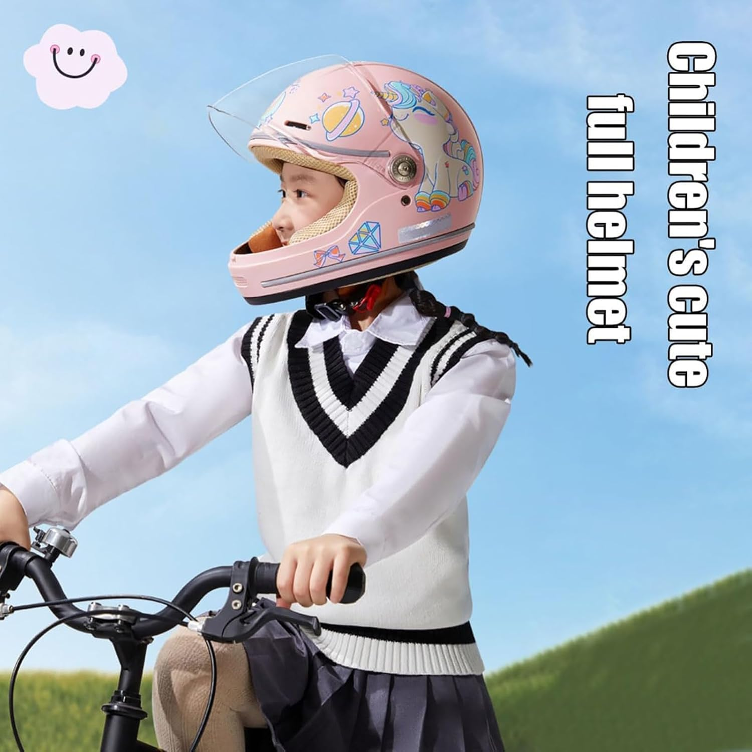 Full Face Cute Children Motorcycle Helmet, ECE Approved Youth Kids Go-Kart Helmet, Four Seasons Fashion Cartoon Boys Girls Helmet, Skateboard Jet Moped ATV Vintage Helmet - B image number 3