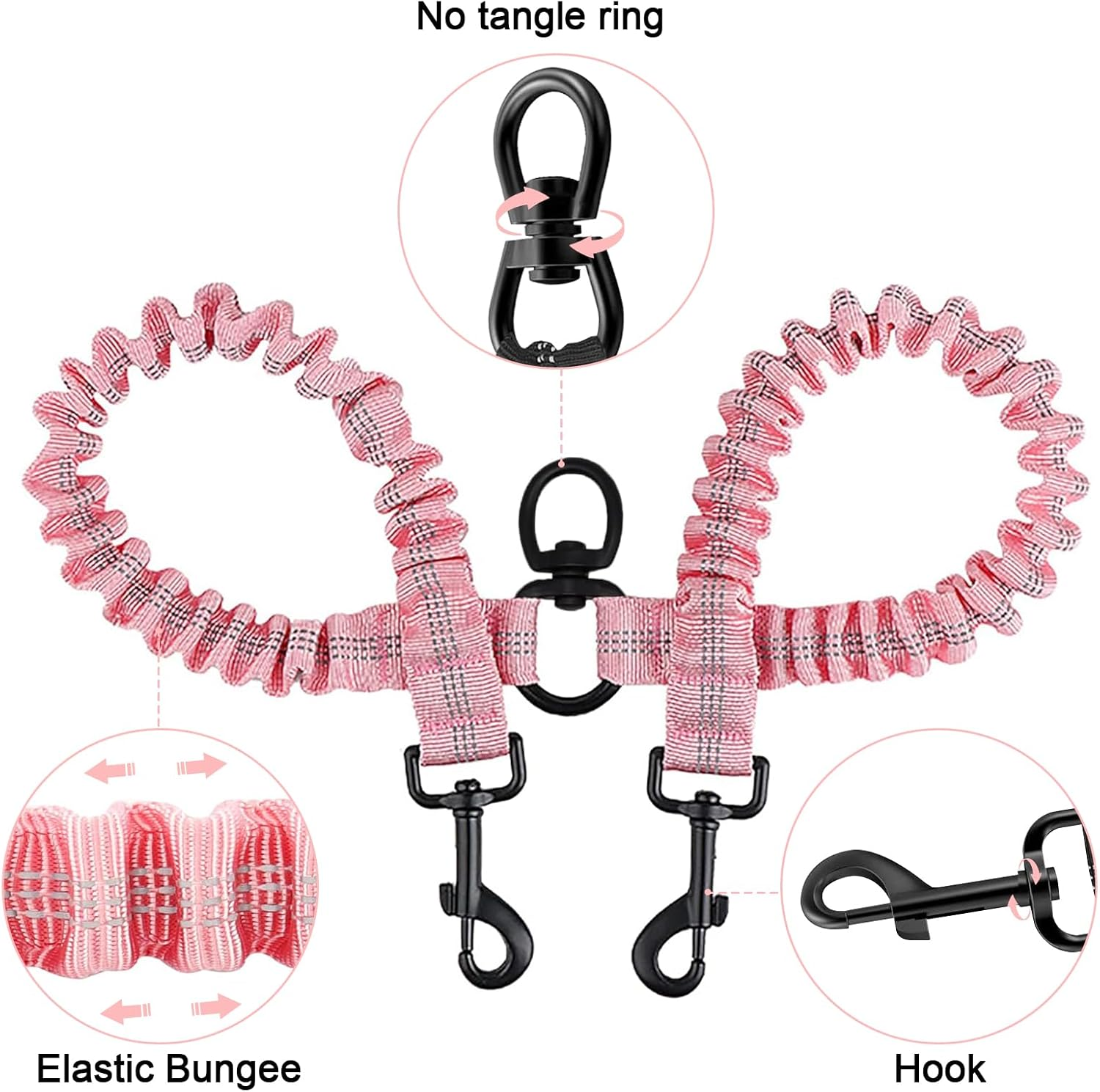 Double Dog Leash for 2 Dogs, Heavy Duty Dual Dog Lead, No Tangle Walking Leash with Shock Absorbing Bungee for Two Dogs, Durable Nylon Dog Lead for Medium/Large Breeds (Pink) - Pink image number 2