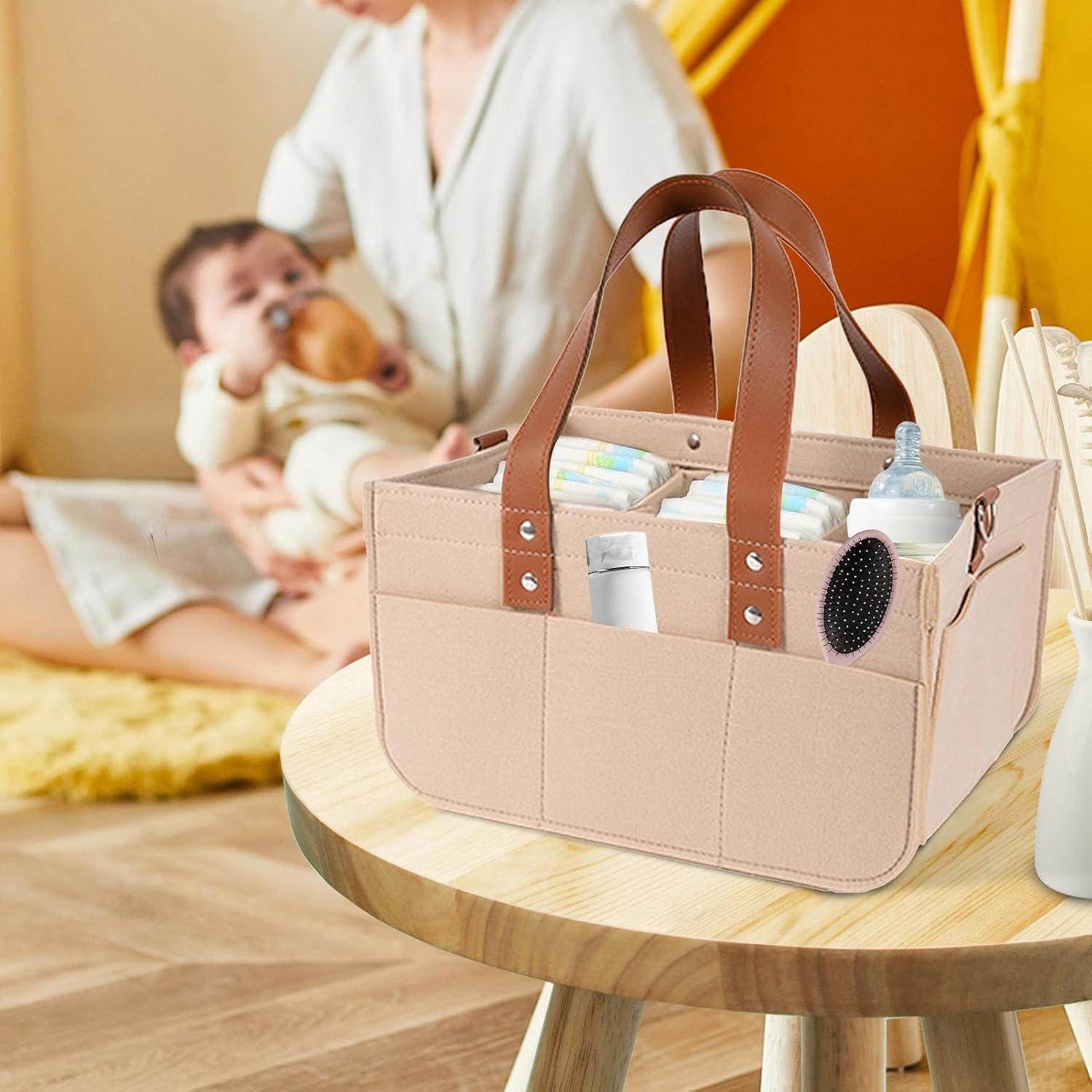 Baby Organizer, Felt Diaper Bag, Baby Nappy Caddy Organiser, Diaper Caddy for Car & Nursery, Car and Nursery Organizers with Compartments for Mom New-Born Kids for Toys, Bottles, Wipes 40X25Cm