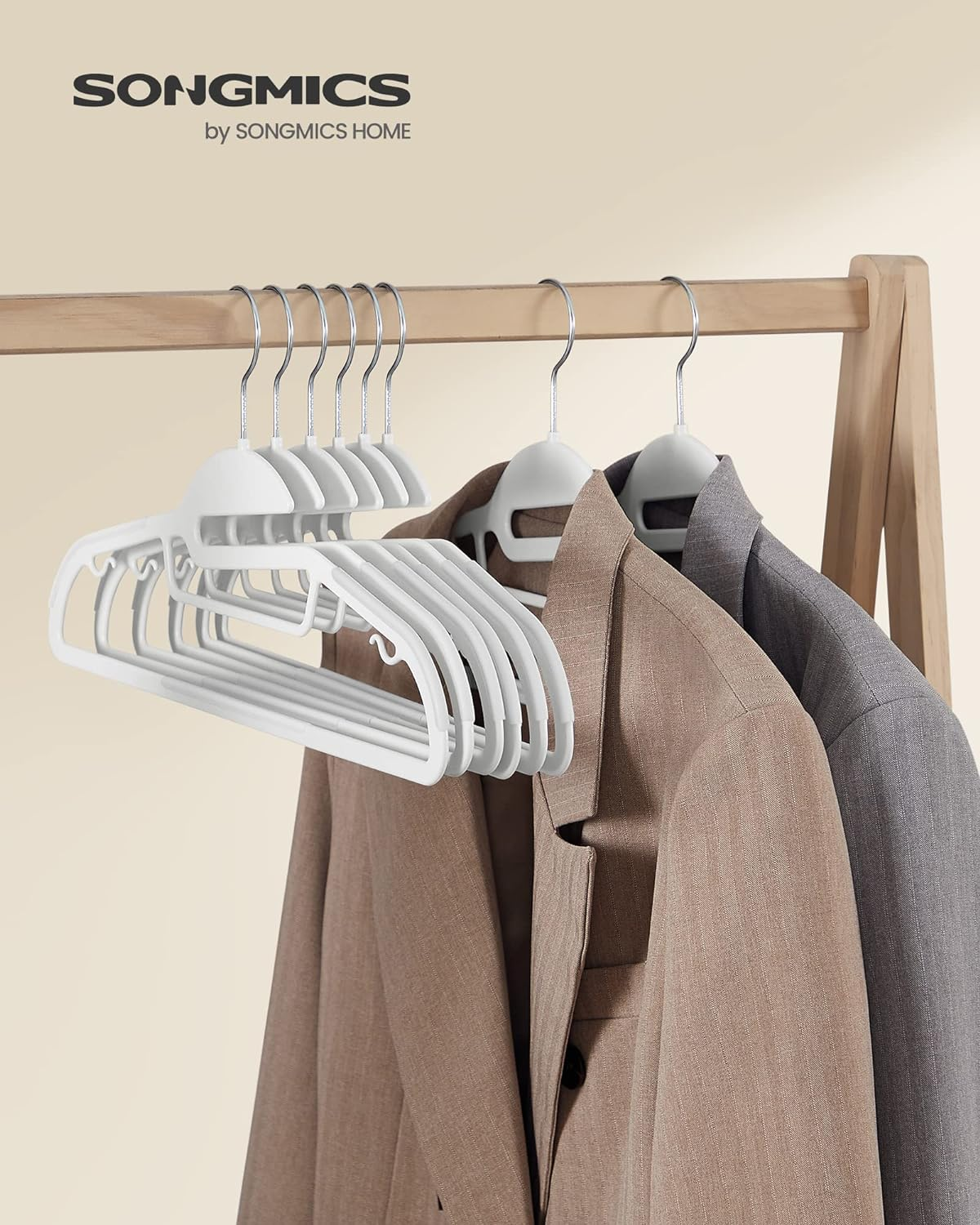 SONGMICS 50 Pack Coat Hangers, Heavy-Duty Plastic Suit Hangers, S-Shaped Opening, Space-Saving, 360&ordm; Swivel Hook, 16.3 Inches Wide, Cloud White UCRP41W50 image number 3