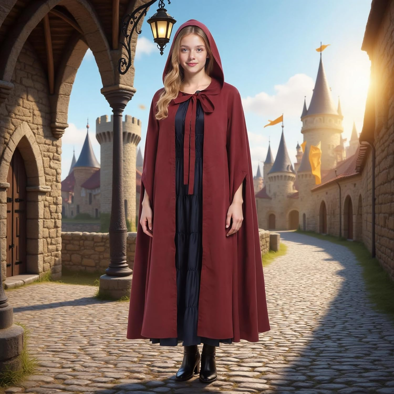 Hapurs Hooded Cloak Robe Costume Cape with Hood Halloween Tunic Hooded Uniform Cape with Hood Renaissance Medieval Costume Witch Vampire Cloak Cosplay image number 2