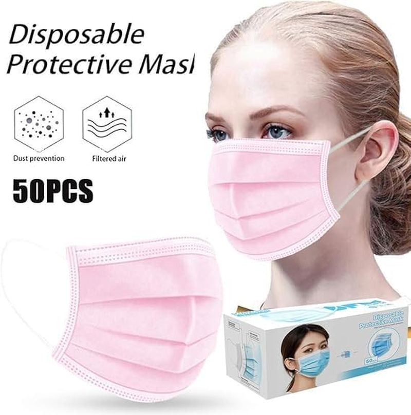 Disposable Face Masks, 3-Ply Protection, Pack of 50, Pink image number 6