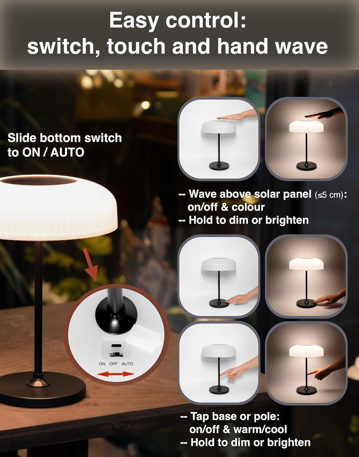 Orihome&reg; Cordless Table Lamp, Solar & USB-C Charging, IP44 Water-Resistant Dimmable Warm/Cool Light, Touch & Gesture Control, Portable Indoor Outdoor Lamp for Bedroom, Bathroom, Patio, Spa Area image number 4