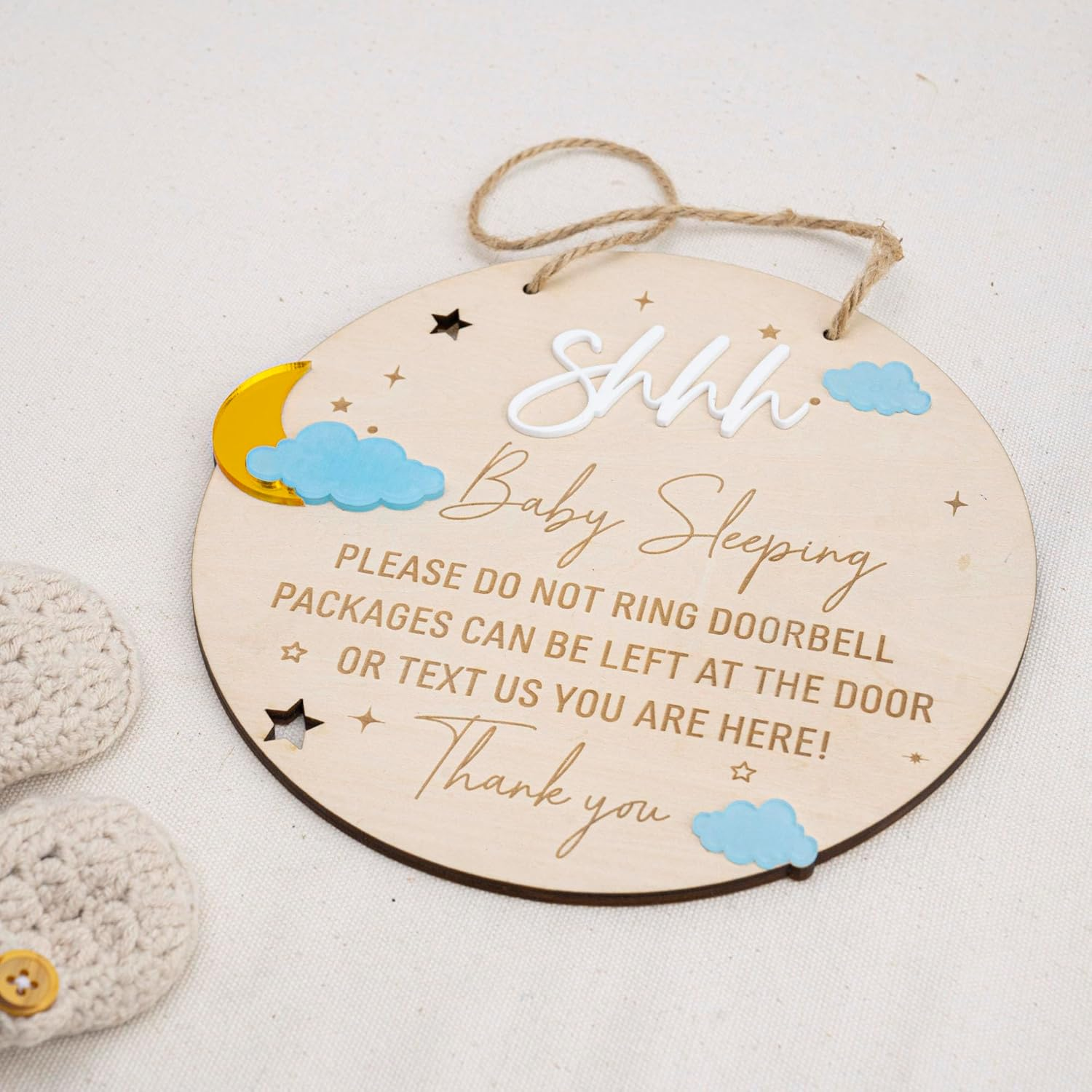 2Pcs Wooden Baby Sleeping Hanging Sign Plaque, Do Not Knock or Ring the Bell, round Wooden Door Hanger for Baby Room, Nursery, Front Door, Door Knob Decor (Moon) image number 6