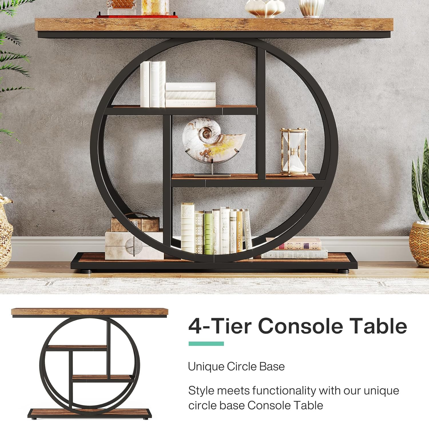 Tribesigns 105Cm Console Table, 4-Tier Entryway Console Table with Geometric Base, Narrow Hall Table with Storage Shelves for Living Room, Hallway, Foyer, Rustic Brown - Brown image number 6