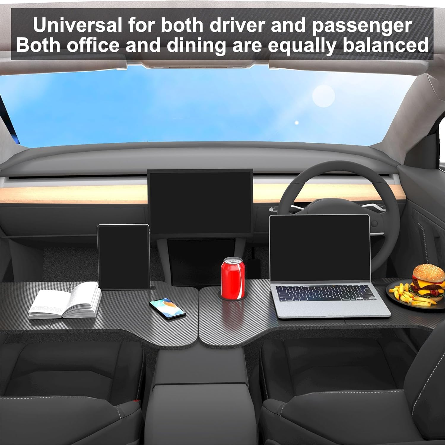 VINBY Car Desk for Model 3 Y, Carbon Fiber Tray Multipurpose Eat Lunch Food Tray Table for Working, Steering Wheel Eating Table, Car Laptop Desk, Car Travel Table image number 4