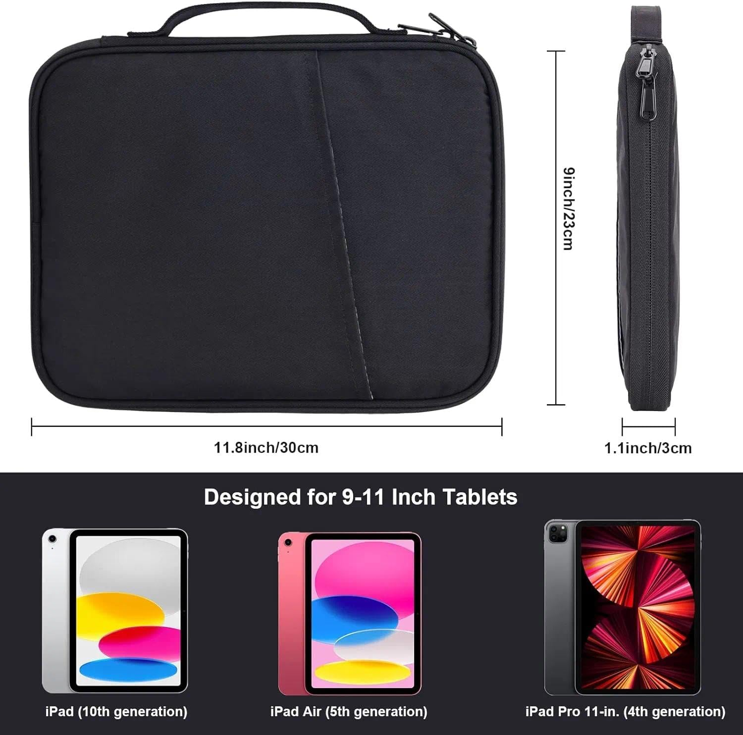 9-11 Inch Organizer Carrying Case, Padded Protective Travel Sleeve Compatible with Ipad Pro 11,10,Air, Galaxy Tab, Black -Unron image number 5