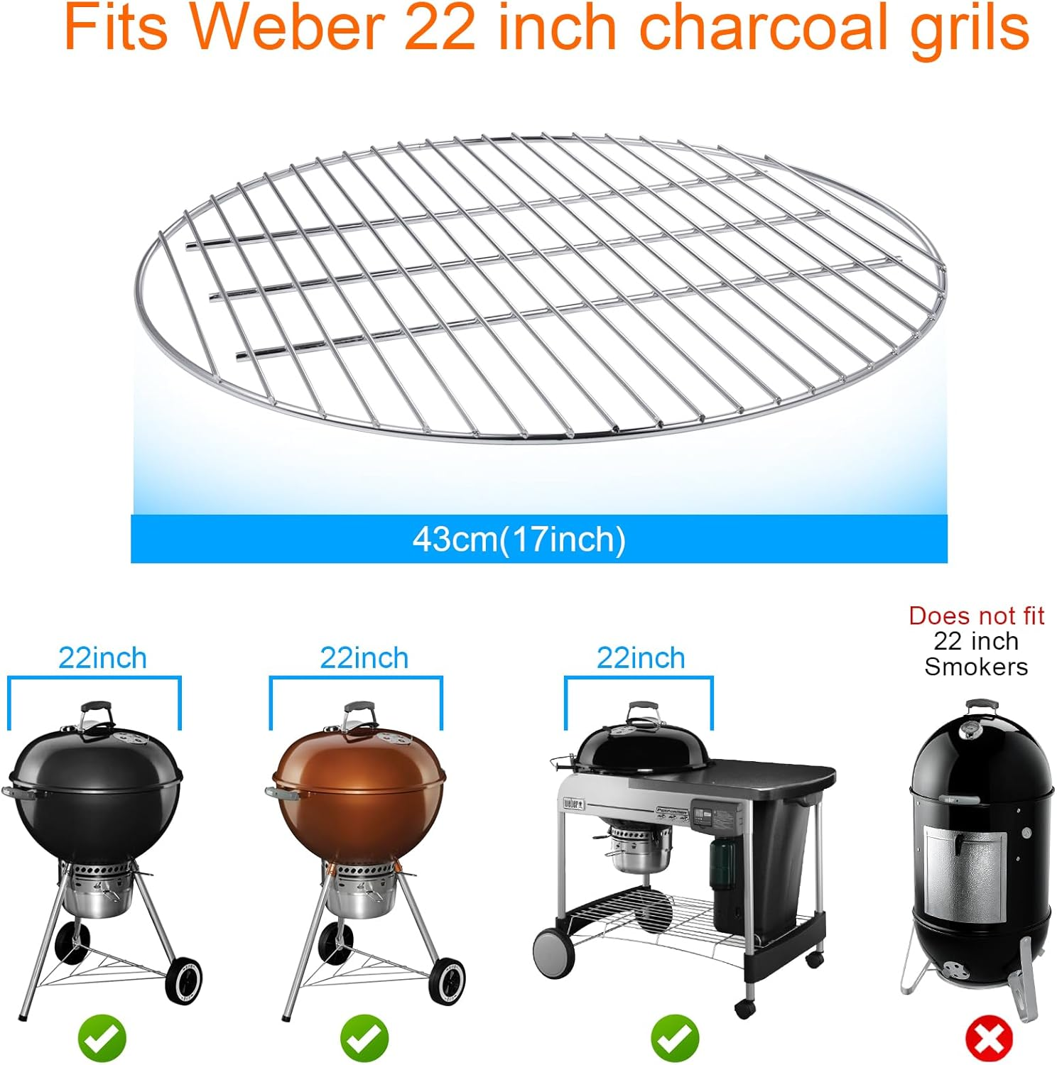 Coolbird 17 Inches Replacement Charcoal Grates for Weber 7441, Fits Various Weber 22" Charcoal Grill Models image number 2
