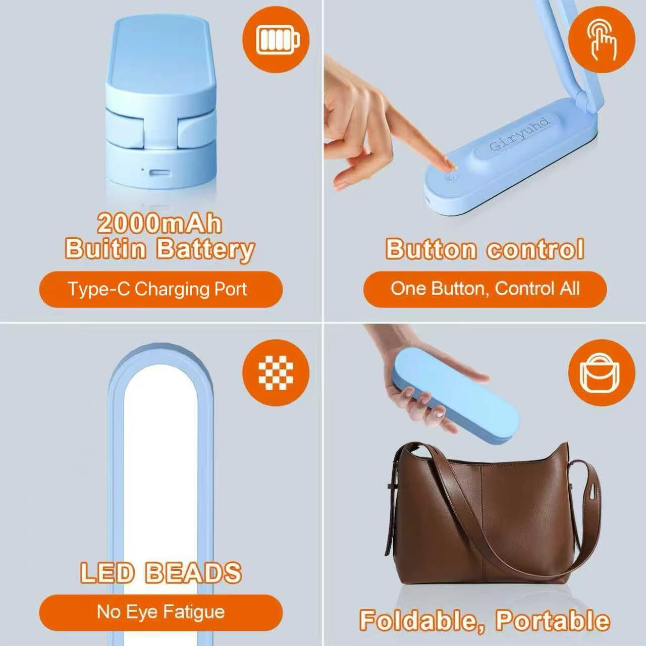 LED Desk Lamp for Office Home & Battery Operated Lamp Rechargeable Lamp Foldable & Portable Light, LED Desk Light Strip, 3 Brightness Dimmable Small Desk Lamp Wireless Reading Lamp image number 1