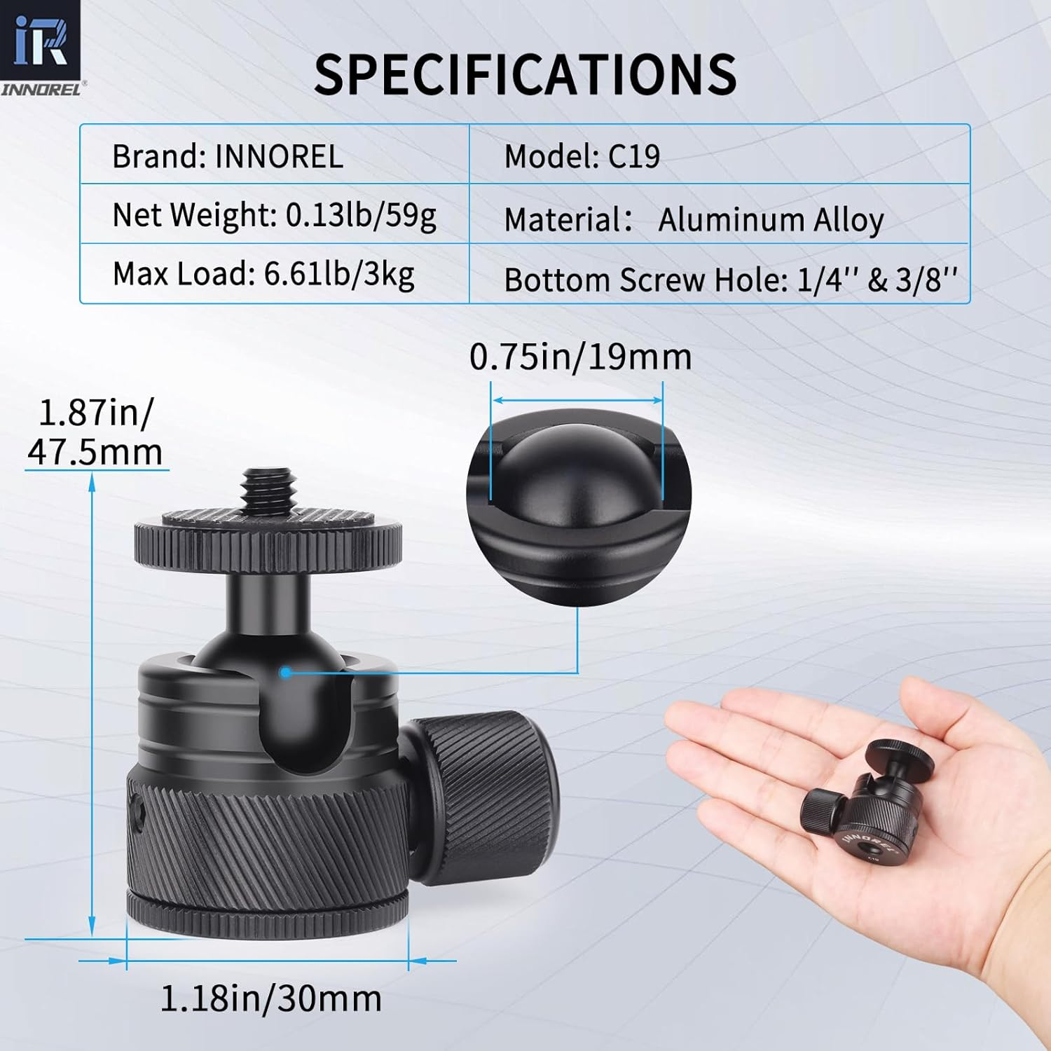 Mini Ball Head-Innorel C19 Mount Tripod Head-Cnc Metal Low Profile Ballhead 360&deg; Pan 90&deg; Tilt Tripods Mount with 3/8" to 1/4" Adapter Ballheads, Max Load 6.61 Lb/3Kg for Phone/Dlsr Camera/Mini Holder image number 1