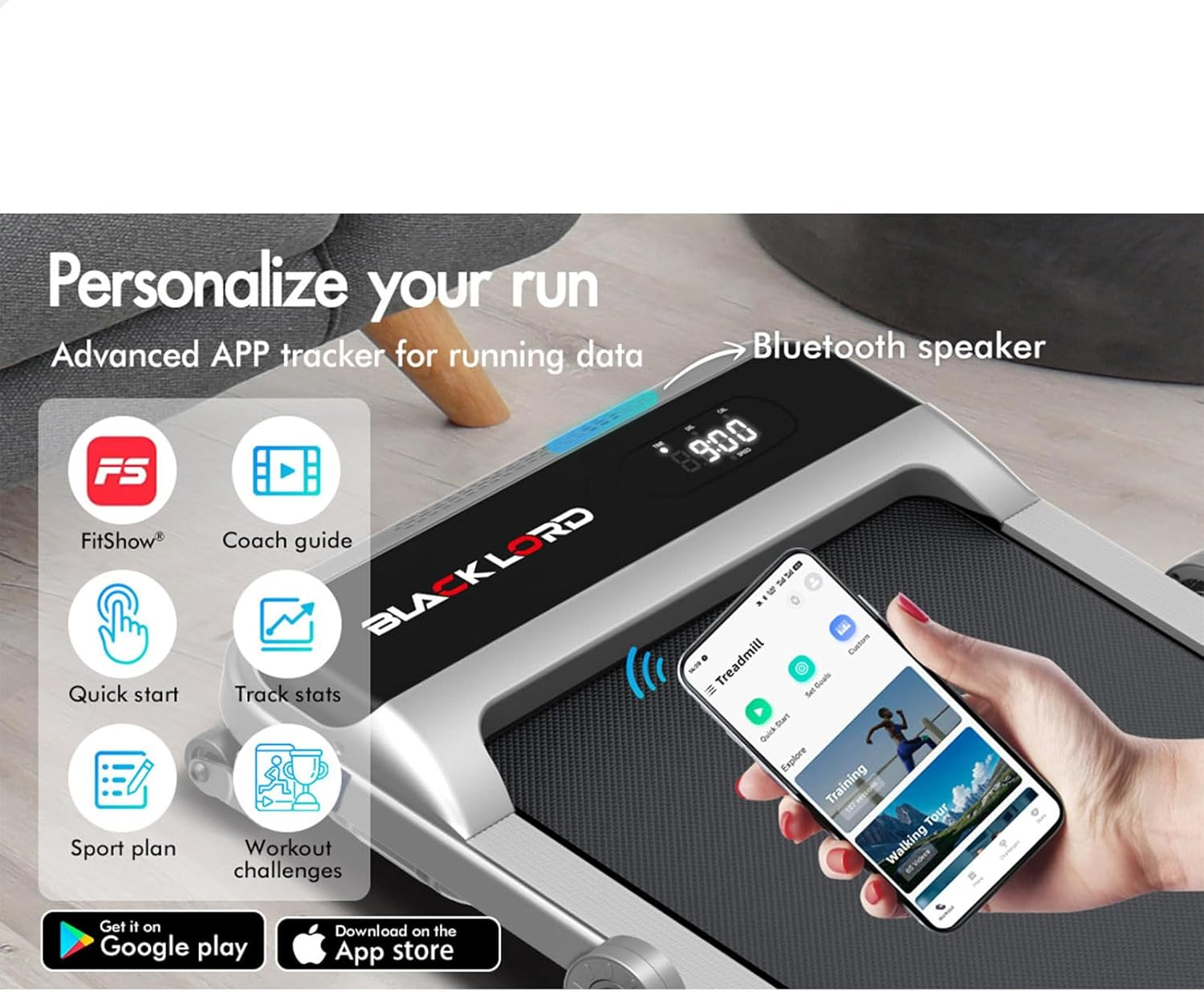 BLACK LORD Treadmill Electric Walking Pad under Desk 3.4HP with 3-Level Incline, Jogging Running Exercise Workout Machine with Bluetooth Control, Cardio Trainer for Home Gym Office, MS2-H Silver image number 5