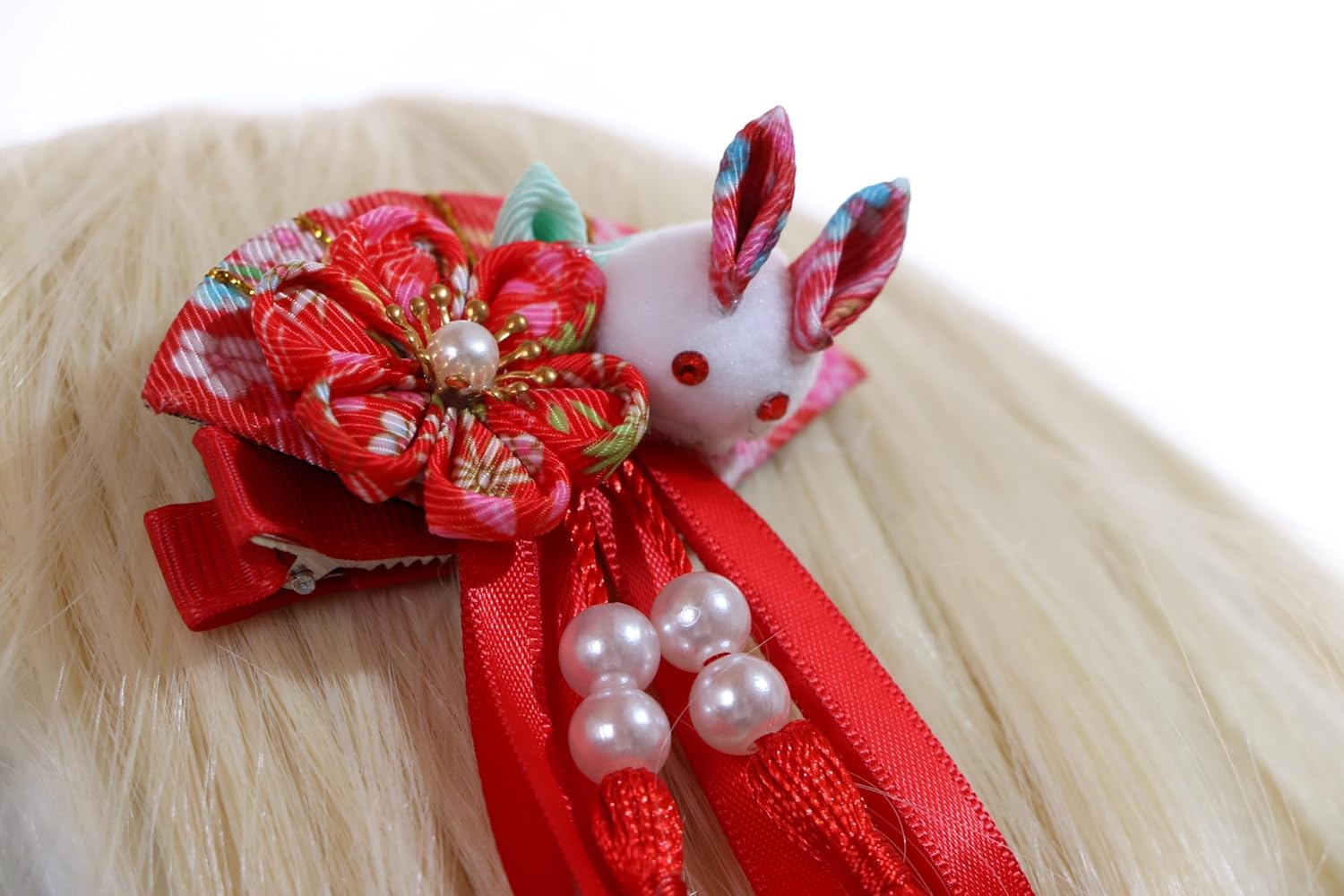 C-117-3 Red Fan Shape Rabbit Handmade Sakura Cherry Blossom Fabric Flowers Tassels Hair Clip Hair Clip Hair Clip Japan Geisha Kimono China Hanfu Accessory