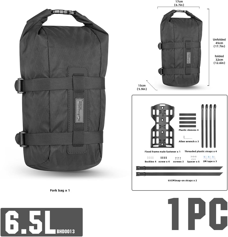 Rhinowalk Bike Front Fork Bag Waterproof Bike Pannier Saddle Bag 6.5L for E-Scooter Mountain Bike Road Bike Accessories-Black(1 Pcs)