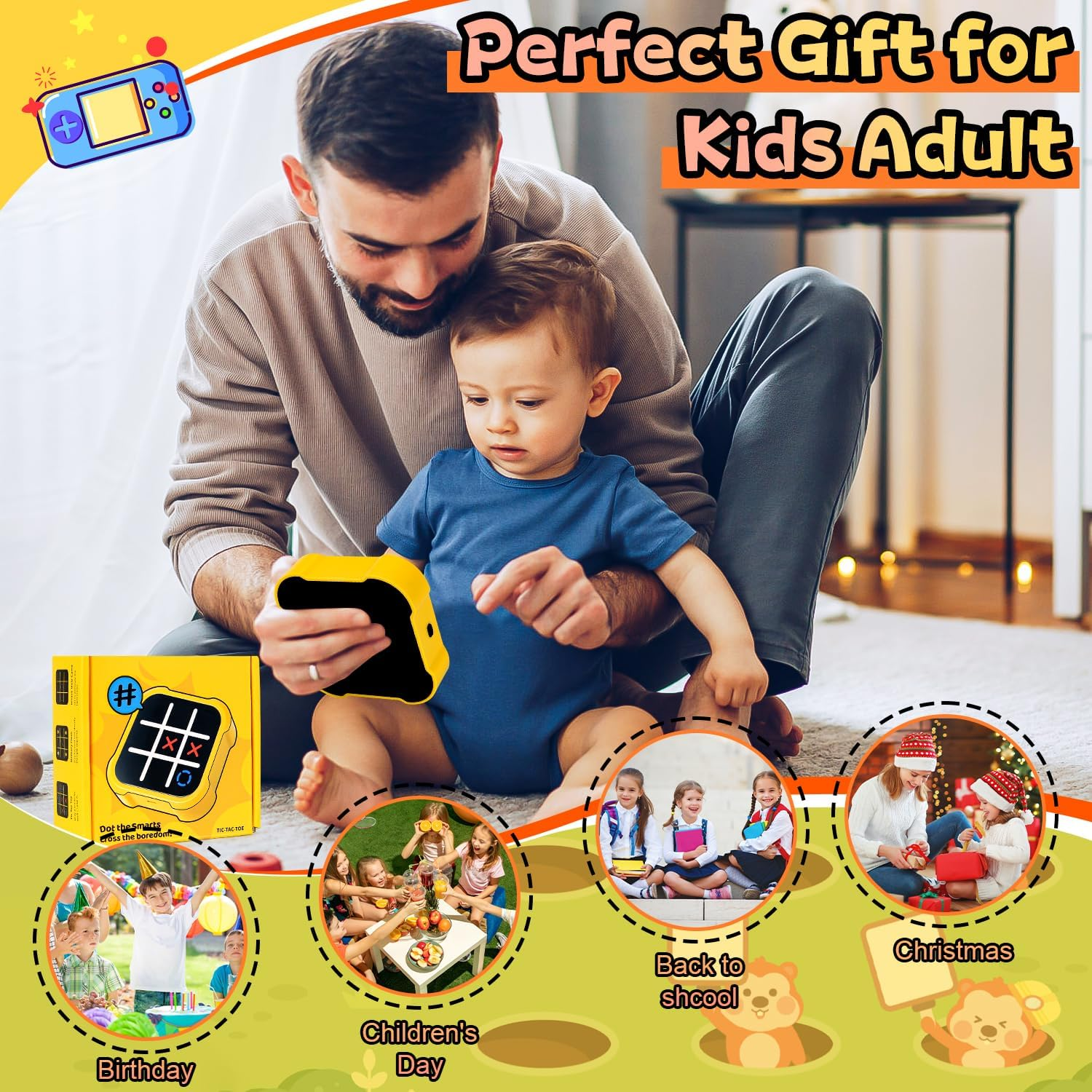 Tic Tac Toe Game, Portable 3-In-1 Puzzle Game Console, Portable Travel Games for Education and Memory Growth, Educational Toy for 3+ Year Olds Boys Girls Adults, Yellow image number 2