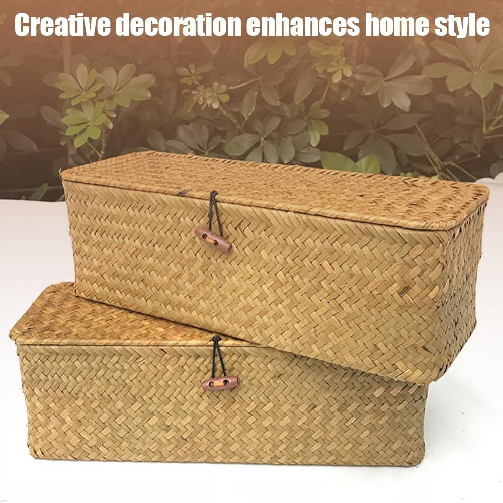 Seagrass Tank Basket with Lid Woven Toilet Roll Storage Basket with Sections Rectangular for Organize Snack Toys, Large Compartment, 16.5X4.7X4.3Inch image number 4