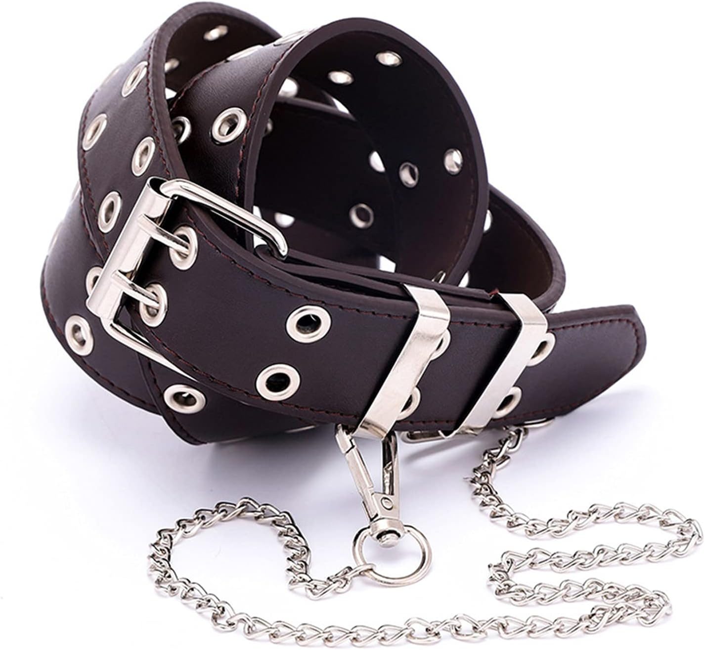 Kowaku Double Grommet Belt for Women Men Leather Punk Rock Adjustable Belts Double Prong Buckle Eyelet Hollow Waist Belt - Black image number 4