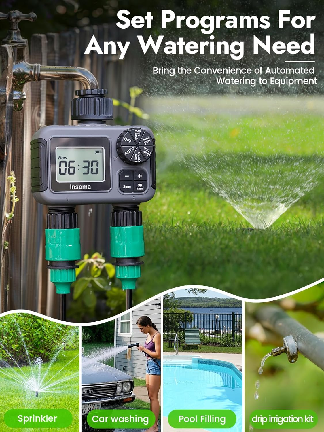 Sprinkler Timer 2 Zone, Insoma Water Timer with Auto/Manual/Rain Delay Irrigation System, Programmable Hose Timer 2 Outlet for Garden Watering, Outdoor Irrigation Timer for Lawn, Yard, Pool image number 2