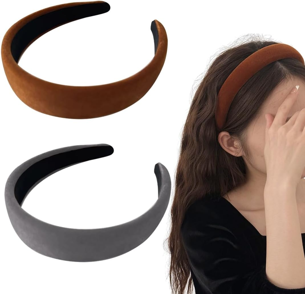 Pack of 2 Velvet Headbands, Women'S Solid, Simple Headband for Girls, Fashion Hair Accessories for Women Girls, Padded Headband Made of Velvet Fabric, Retro Style Hair Band (Grey/Orange Brown) image number 4
