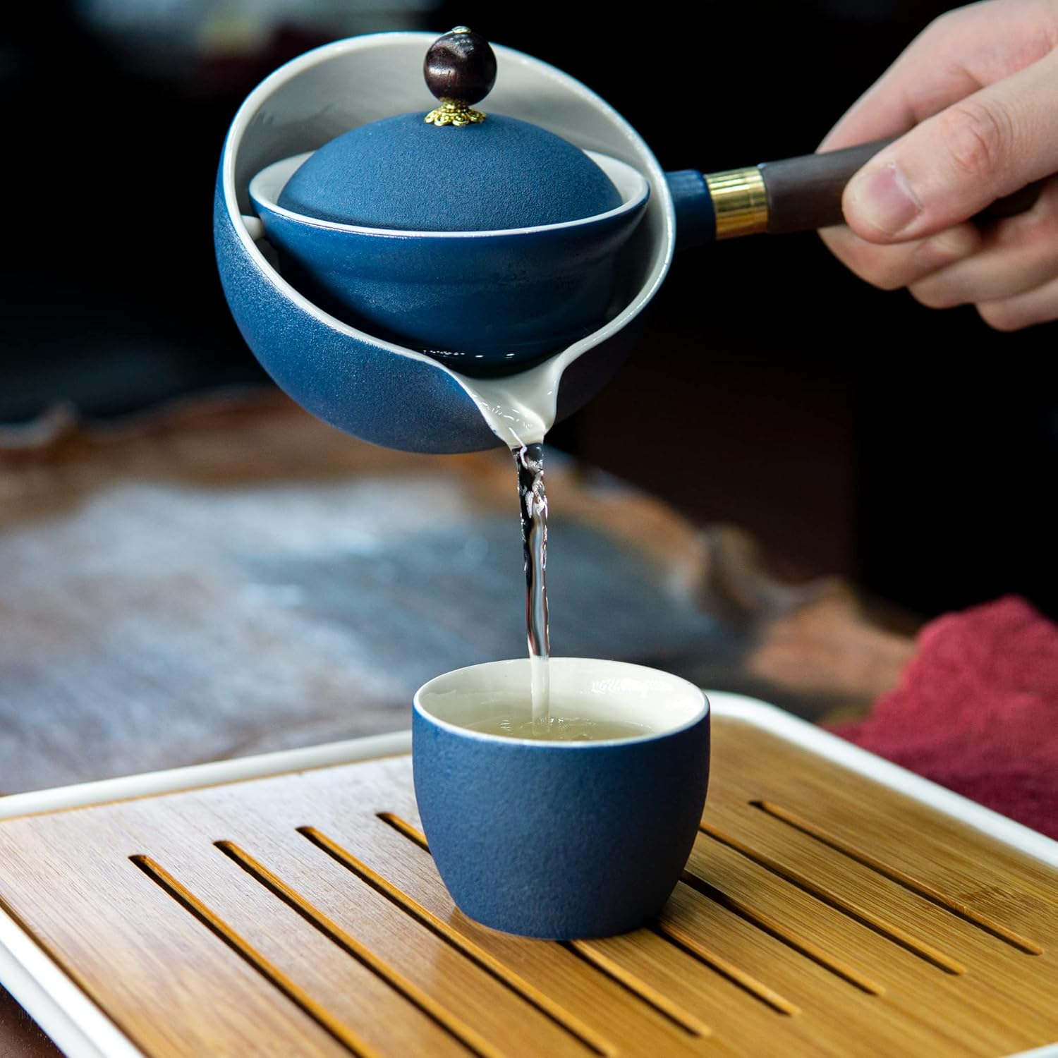 LURRIER Porcelain Chinese Gongfu Tea Set,Portable Teapot Set with 360 Rotation Tea Maker and Infuser,Portable All in One Gift Bag for Travel,Home,Gifting,Outdoor and Office(Blue)