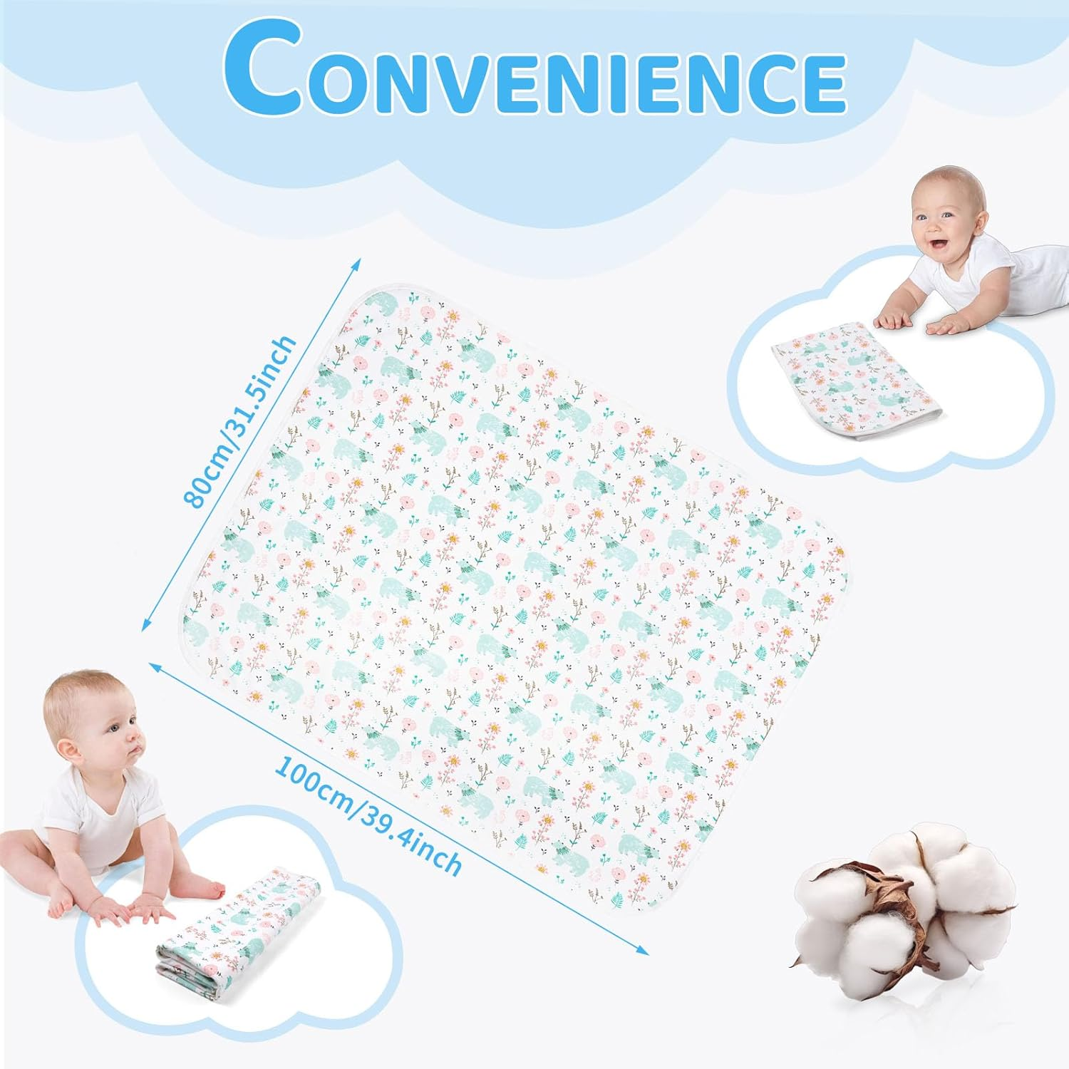 DAWNTREES 2 Pack Baby Waterproof Bed Pad,80&times;100Cm Washable & Reusable Mattress Protector for Bed Wetting & Incontinence, Soft & Absorbent Underpad for Babies, Toddlers, Kids & Adults image number 3