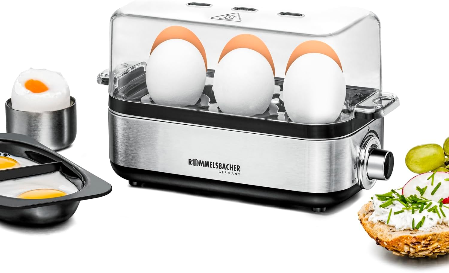 ROMMELSBACHER ER 600 Egg Cooker - for 1-6 Eggs, Adjustable Hardness, Electronic Cooking Time Monitoring, Stainless Steel Heating Bowl, Measuring Cup with Egg Pick, Poaching Insert, Cable Storage, 400 image number 1