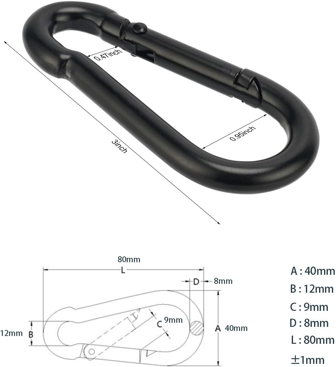 Carabiner 3 Inch Black Spring Snap Hook Steel Clip Link Buckle Heavy Duty 8X80Mm 4Pcs for Outdoor Camping Hiking Hammock Swing image number 1