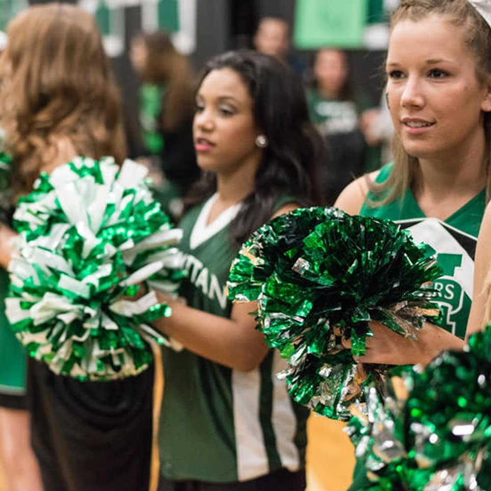 4 Pack Cheerleading Pom Poms,Metallic Cheer Pom Poms with Training Baton Handle for Team Sport Spirit Squad Bulk Cheerleaders(Green and Silver)