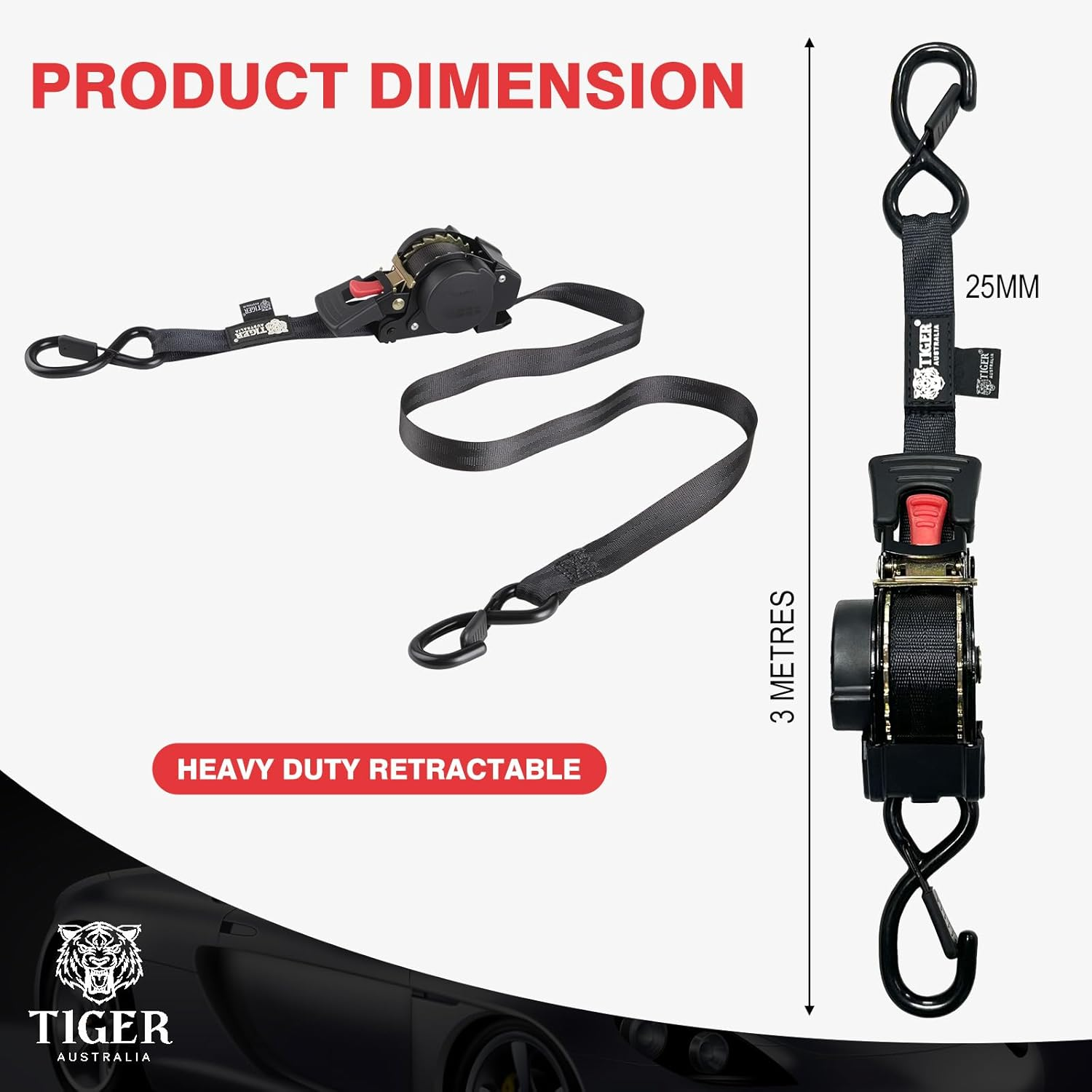Tiger Australia Retractable Ratchet Straps 4 Pack &ndash; 25Mm X 3M Tie down Straps, Upgraded to Stainless Steel Spring, with S-Hooks and Storage Bag, for Trailers, Utes, Boats, Moving image number 1