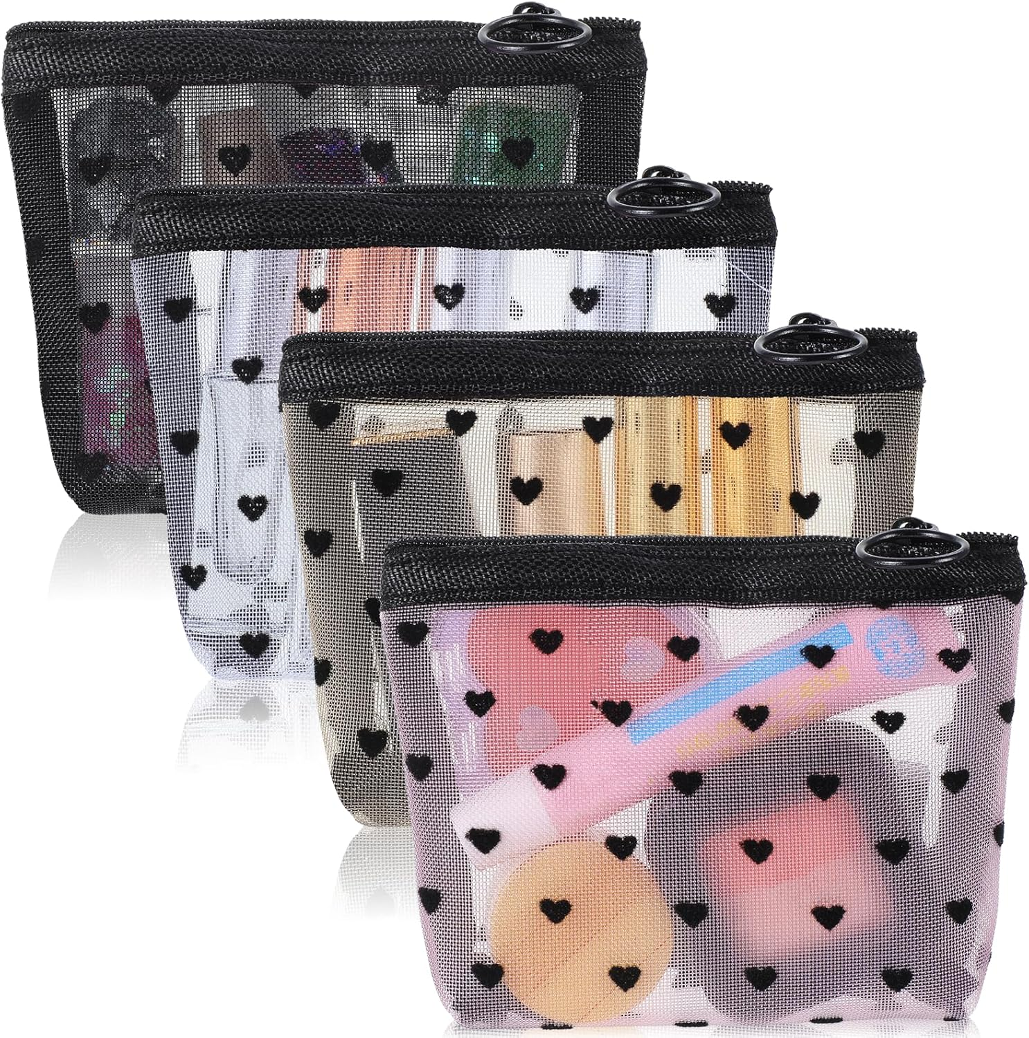 Guduling 4Pcs Mesh Makeup Bag with Zipper, Mini Mesh Pouch, Grid Cosmetic Bag, Heart Print Mini Zipper Cosmetic Bags for Travel and Storage (Pink, Beige, Black, White) image number 2