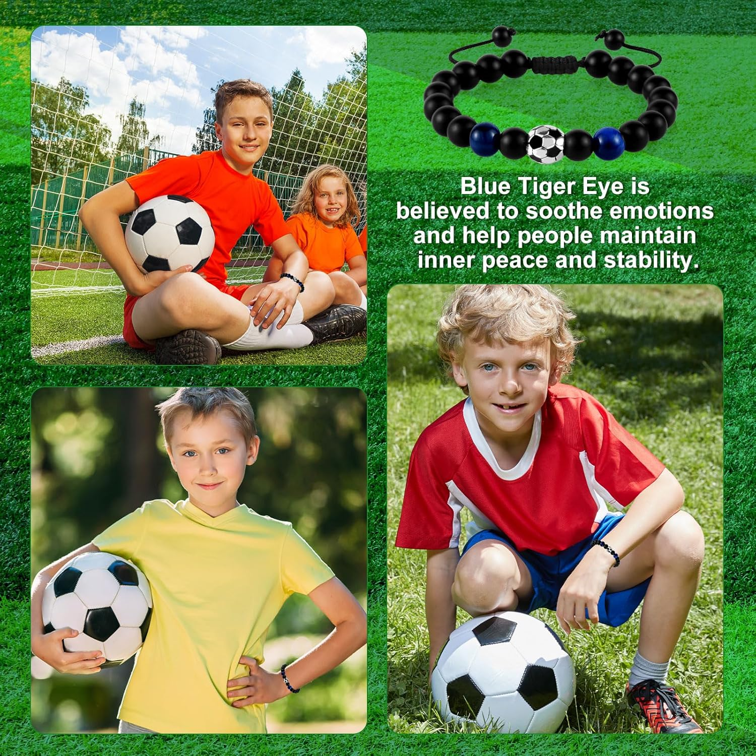 Soccer Bracelet, Adjustable Premium Blue Tiger Eye Stone Football Bracelet Soccer with Good Meanings Soccer Bracelet Graduation Birthday Gift Suitable for Teen Boys, 17-27Cm image number 5