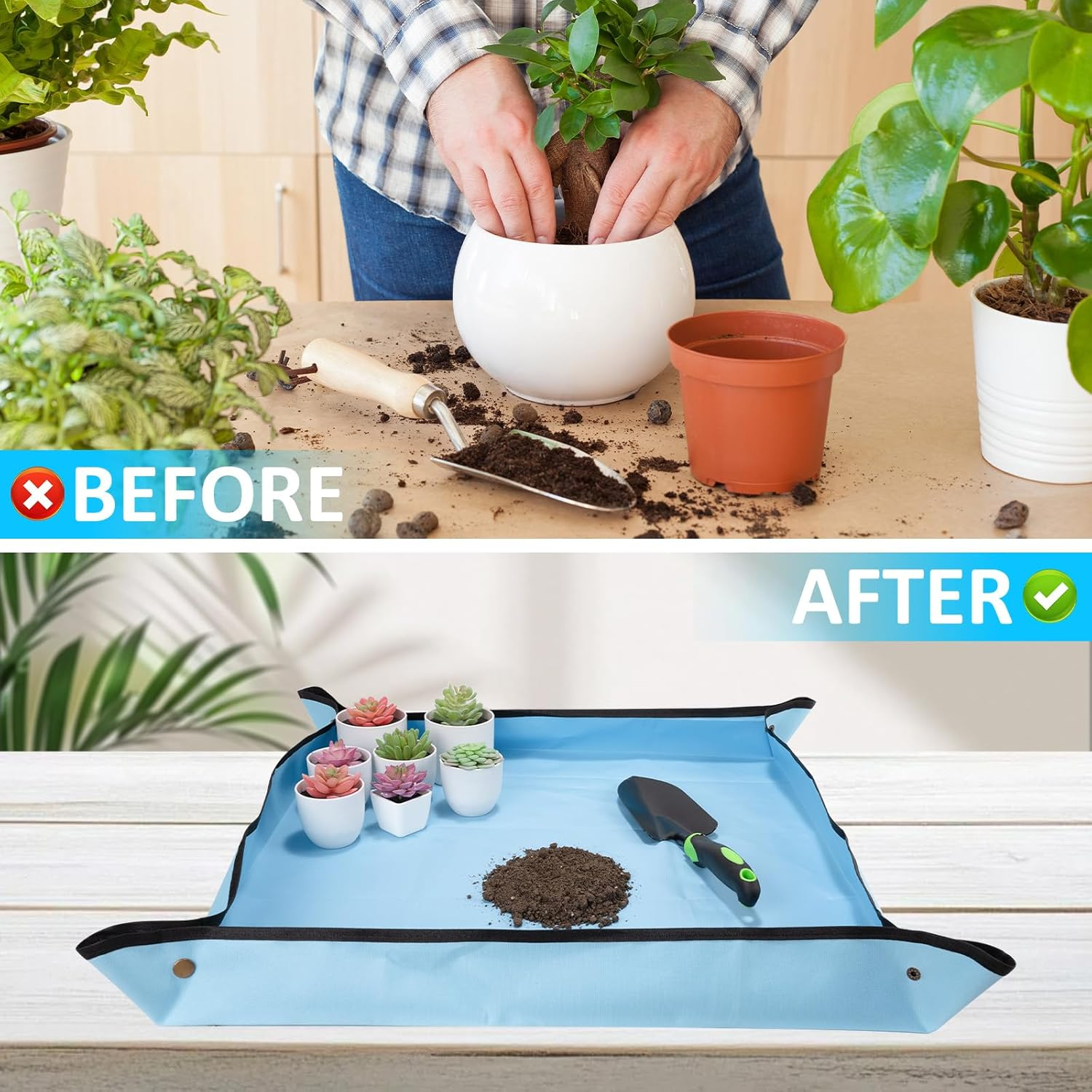 Repotting Mat for Indoor Plant Transplanting and Mess Control, 29.5"X 29.5" Blue Oxford Fabric Waterproof Succulent Potting Mat, Foldable Gardening Tray for Planting, Gardening Gifts for Plant Lovers image number 3