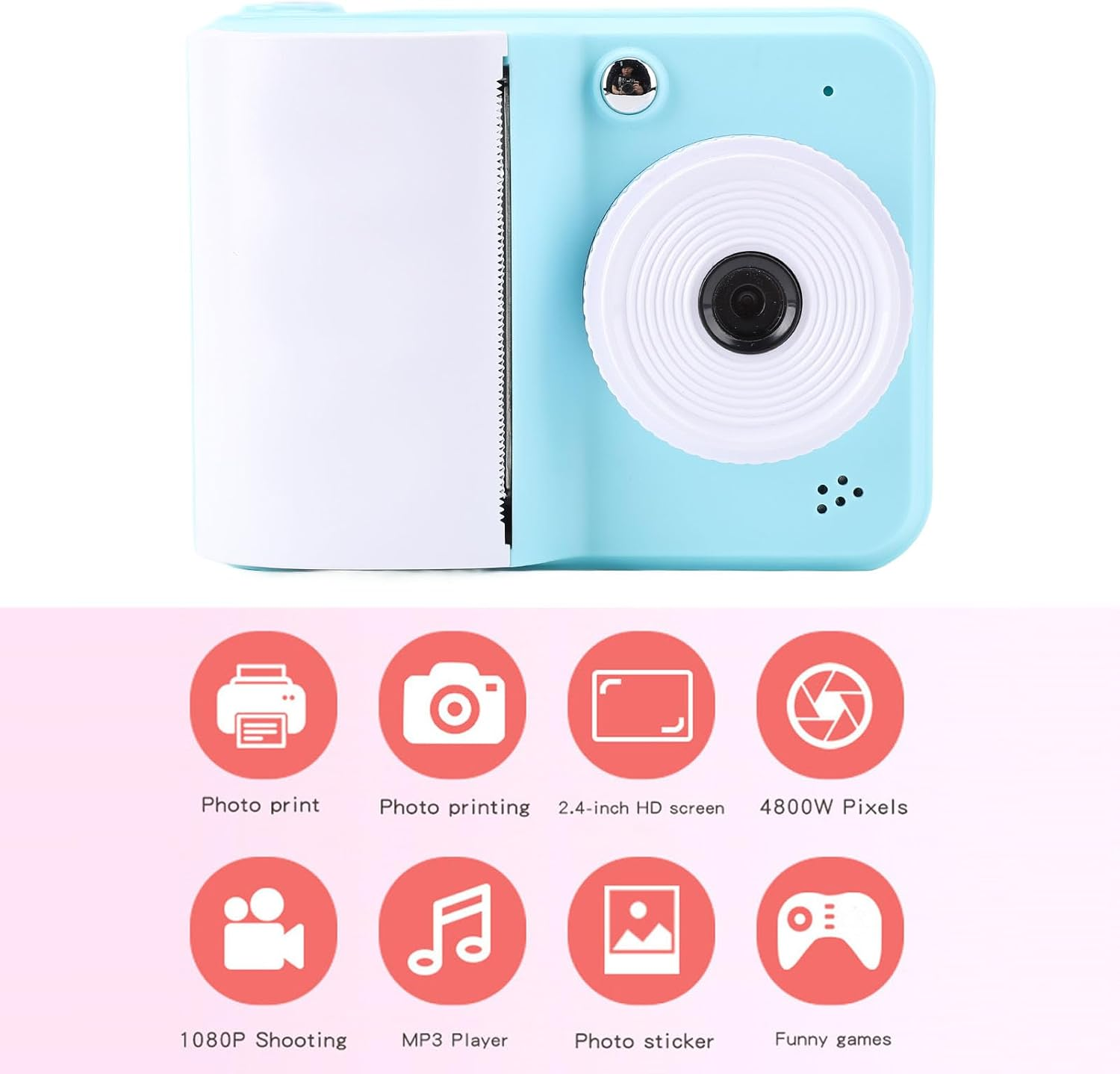MENDUNER 1080P Instant Print Camera - 48MP Thermal Printer with 1800Mah Battery, 2.4" Color Screen, 3 Rolls Printing Paper for Travel, Parties, and More (Blue) - Pink image number 5