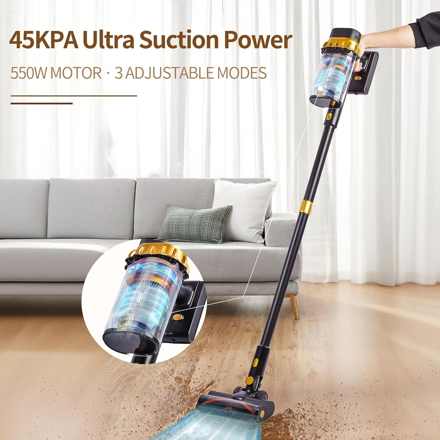 Cordless Stick Vacuum Cleaner, 45Kpa Powerful Suction, 550W Motor, 50 Min Runtime, Auto Mode, LED Display, Wall Mount, HEPA Filter &ndash; Ideal for Pet Hair, Hard Floors & Carpets image number 1