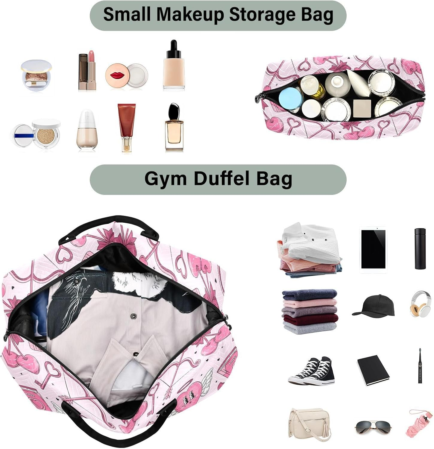 Peach Heart Cupid Personal Item Travel Bag Travel Weekender Gear Bag Gym Tote Bag with Toiletry Bag for Trekking 2 Pcs Set, Peach Heart Cupid, 1 Size image number 3