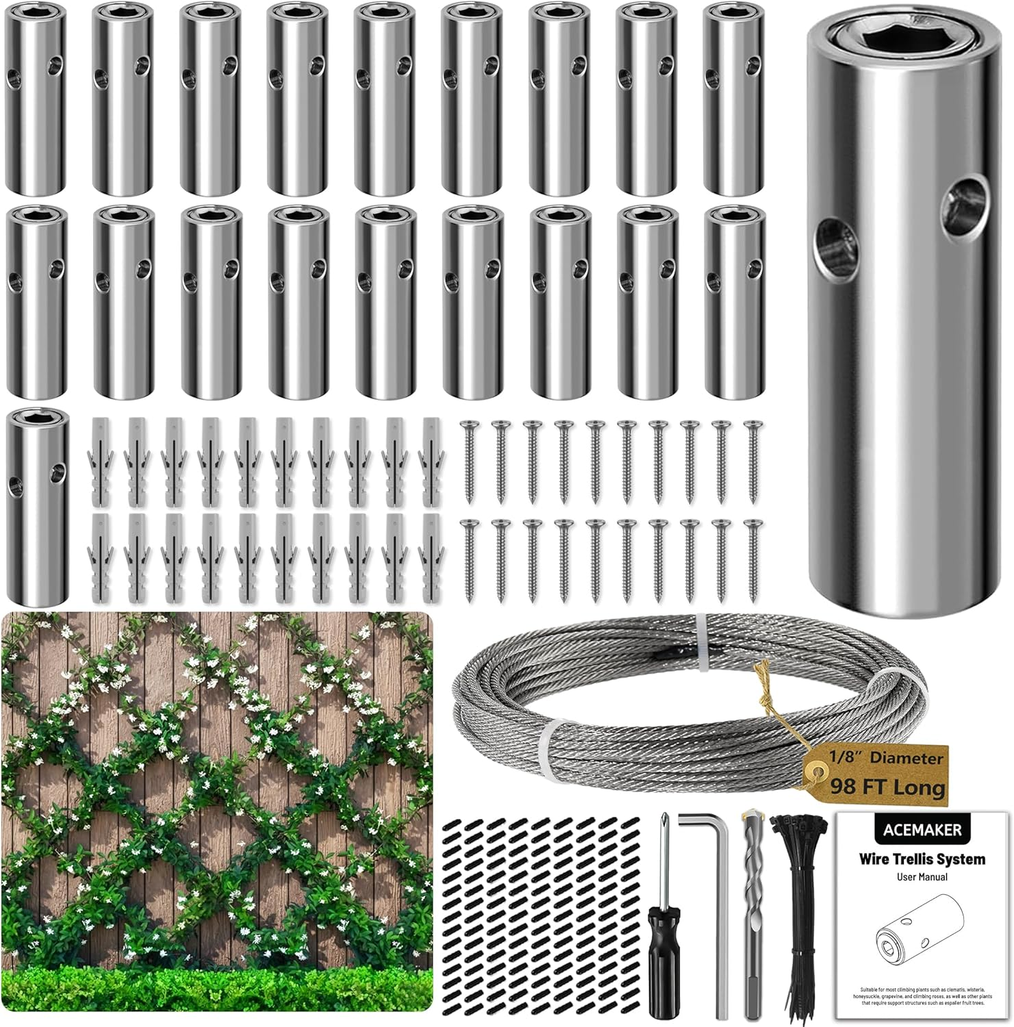 Wire Trellis for Climbing Plants Outdoor, 20-Set Wall Wire Trellis Kit with 1/8In X 98Ft Stainless Steel Cable, T316 Cylindrical Espalier System for Fence and Garden DIY Projects image number 6