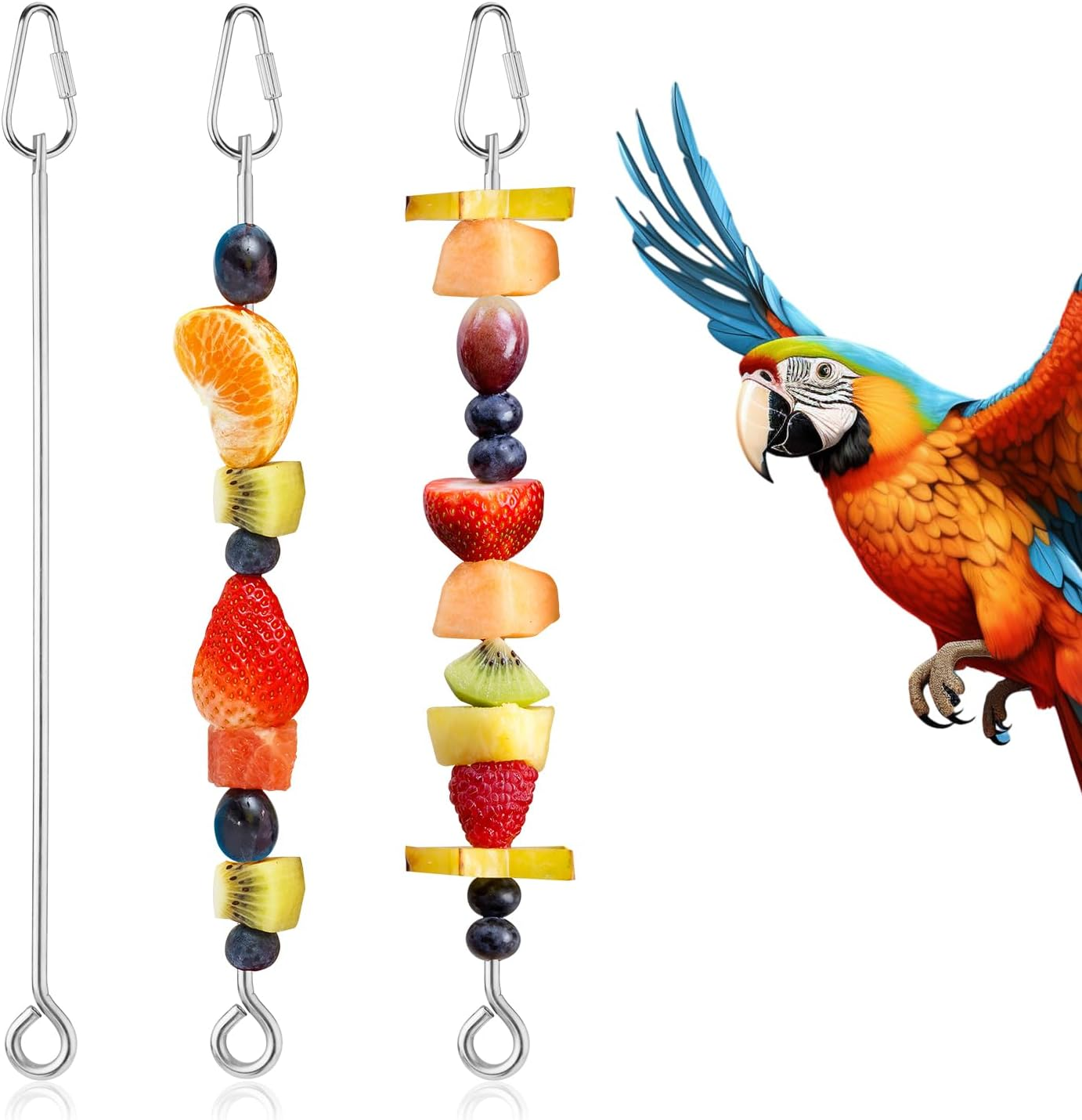 3Pcs Parrot Fruit Skewer, Stainless Steel Bird Vegetable Skewer with Hook Bird Food Holder Cage Food Stick Feeder Skewer Parrot Foraging Toy for Budgies, Parakeets, Macaws